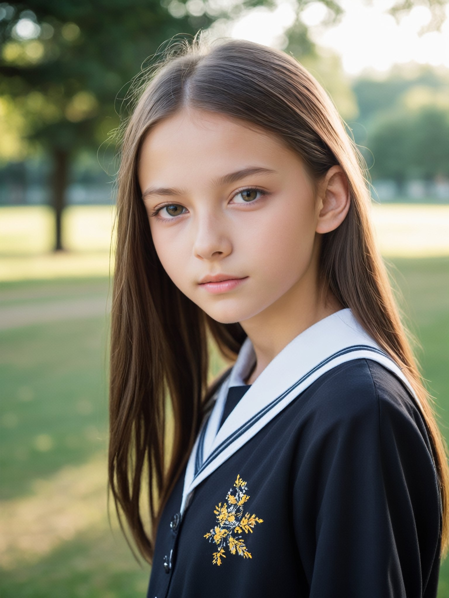 a half-body portrait photo of an East-European fashion model, (age 12-15:2), (dynamic pose:1.3), upper body, close up, gorgeous face, highly detailed face, smooth soft skin, looking at viewer, (from side:0.9), make up, (pubescent girl, short girl, slender girl, very thin:1.2), (summer school uniform:1.1), (outdoors, in deserted park, in the morning, dark background:1.4)