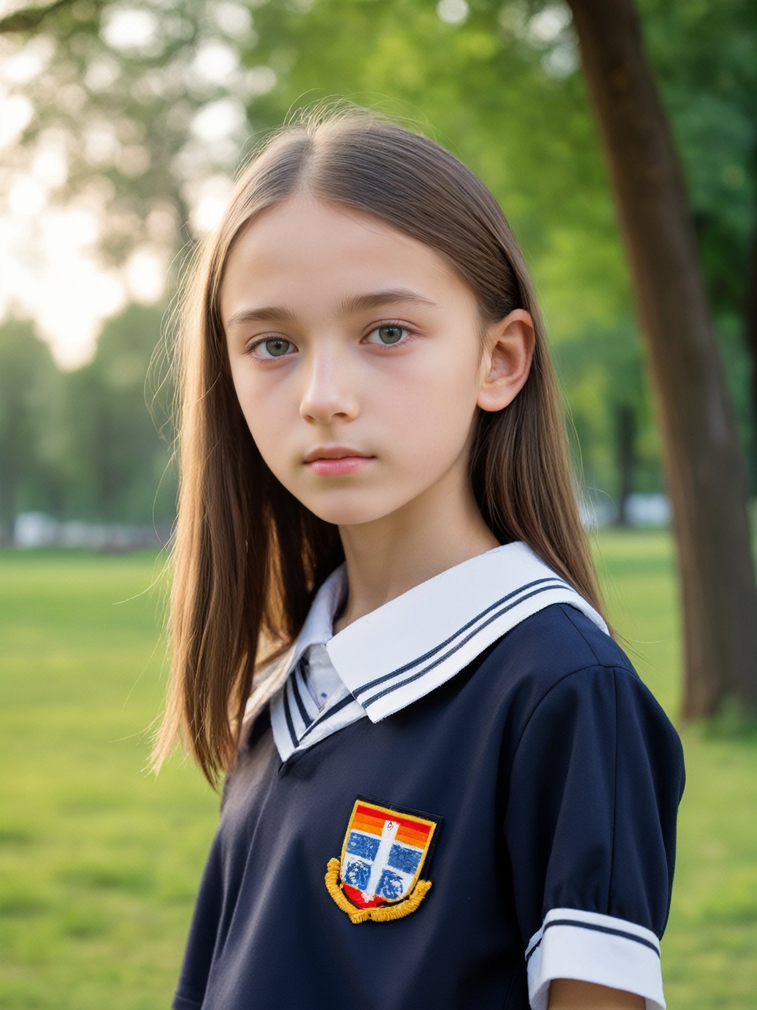 a half-body portrait photo of a German fashion model, (age 12-15:2), (dynamic pose:1.3), upper body, close up, gorgeous face, highly detailed face, smooth soft skin, looking at viewer, (from side:0.9), make up, (pubescent girl,  slender girl, skinny body, very thin:1.2), (summer school uniform:1.1), (outdoors, in deserted park, in the morning, dark background:1.4)