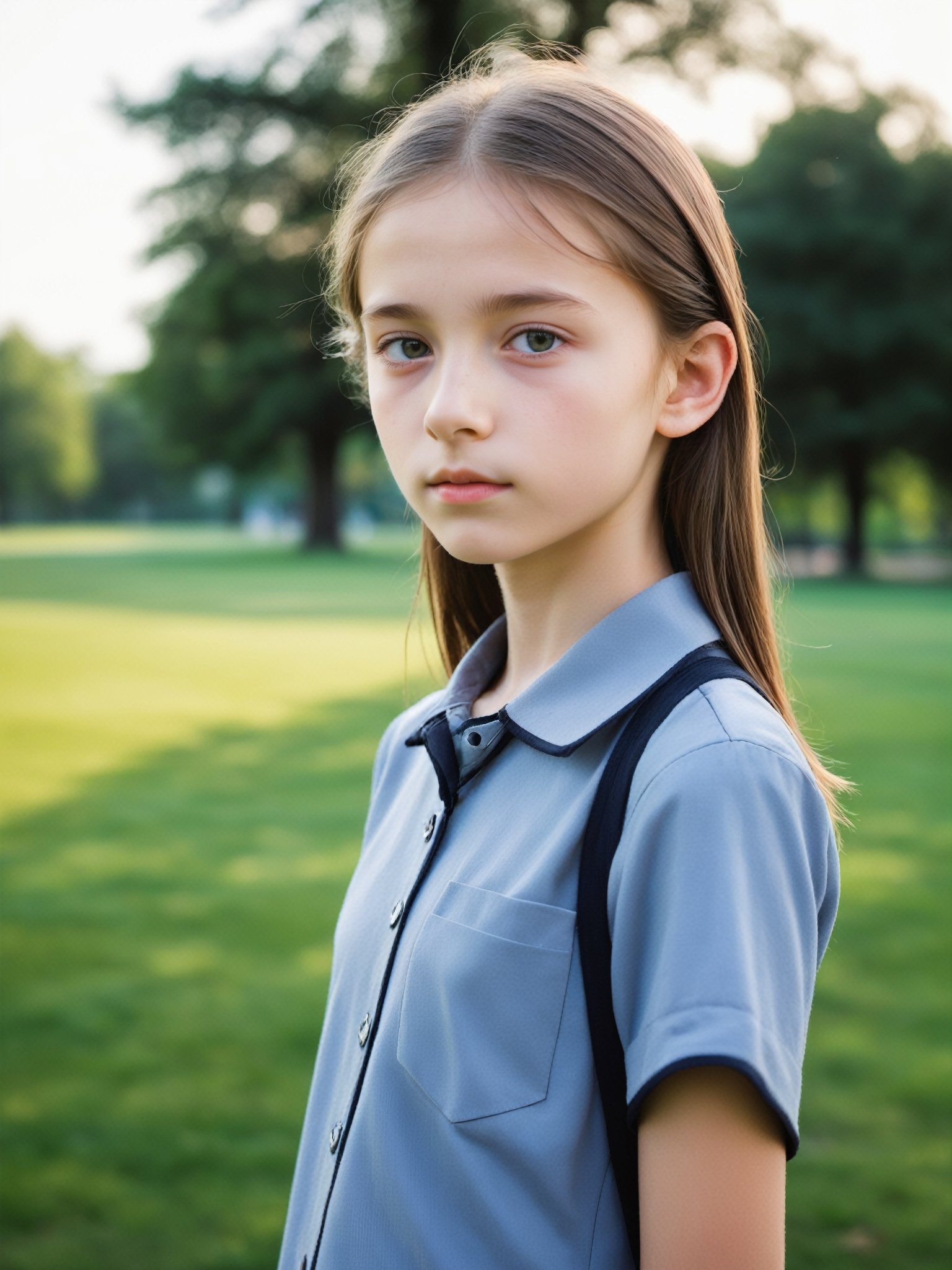 a half-body portrait photo of a German fashion model, (age 12-15:2), (dynamic pose:1.3), upper body, close up, gorgeous face, highly detailed face, smooth soft skin, looking at viewer, (from side:0.9), make up, (pubescent girl,  slender girl, skinny body, very thin:1.2), (summer school uniform:1.1), (outdoors, in deserted park, in the morning, dark background:1.4)