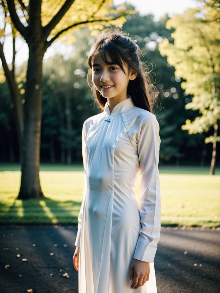 a half-body portrait photo of a young Russian model, (European preteen, German preteen:1.1), (age 13-15:1.7), smooth soft skin, (flat chest, flat_chested:1.3), (innocent look:-1.2), (smile:1.2), (slip and dropped ao dai:1.3), (outdoors, in park, dark background:1.4), (no pants, naked bottom,  uncovered private parts, showing pussy, vargina:0.7), depth of field, (slender girl, skinny body, very slim:1.3), small hip, slim thighs, highly detailed face, standing, (folding legs:1.2), (model posing:0.3), (from side:0.9), nsfw, jailbait, loli, lolita,reiyomatsumoto,rimgramm