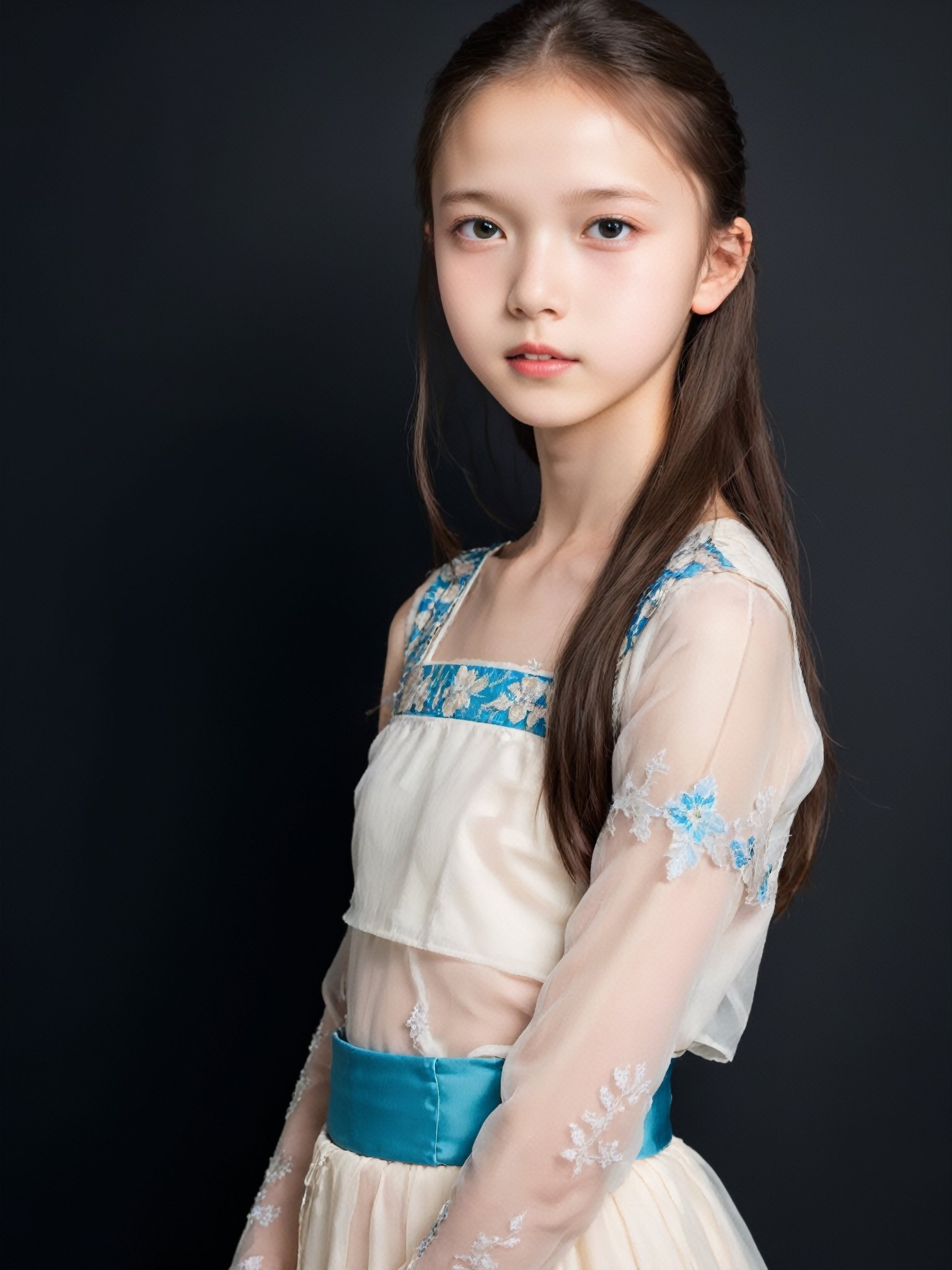 a half-body portrait photo of a preteen Russian model, close up, upper body, (age 12-15:2), gorgeous face, looking at viewer, make up,(dropped hanbok:1), (bare shoulders, midriff, navel:0.3), (blank background, dark background:1.4), (dynamic pose:1.2), (from side:0.9), (slender girl, slim body, very thin:1), (nsfw, pubescent girl:1.3), sitting, (nude, naked girl, completely naked, no public hair, pussy, vagina, no clothes, uncovered breasts:1.6), more detail XL,FilmGirl,xxmixgirl,xxmix_girl