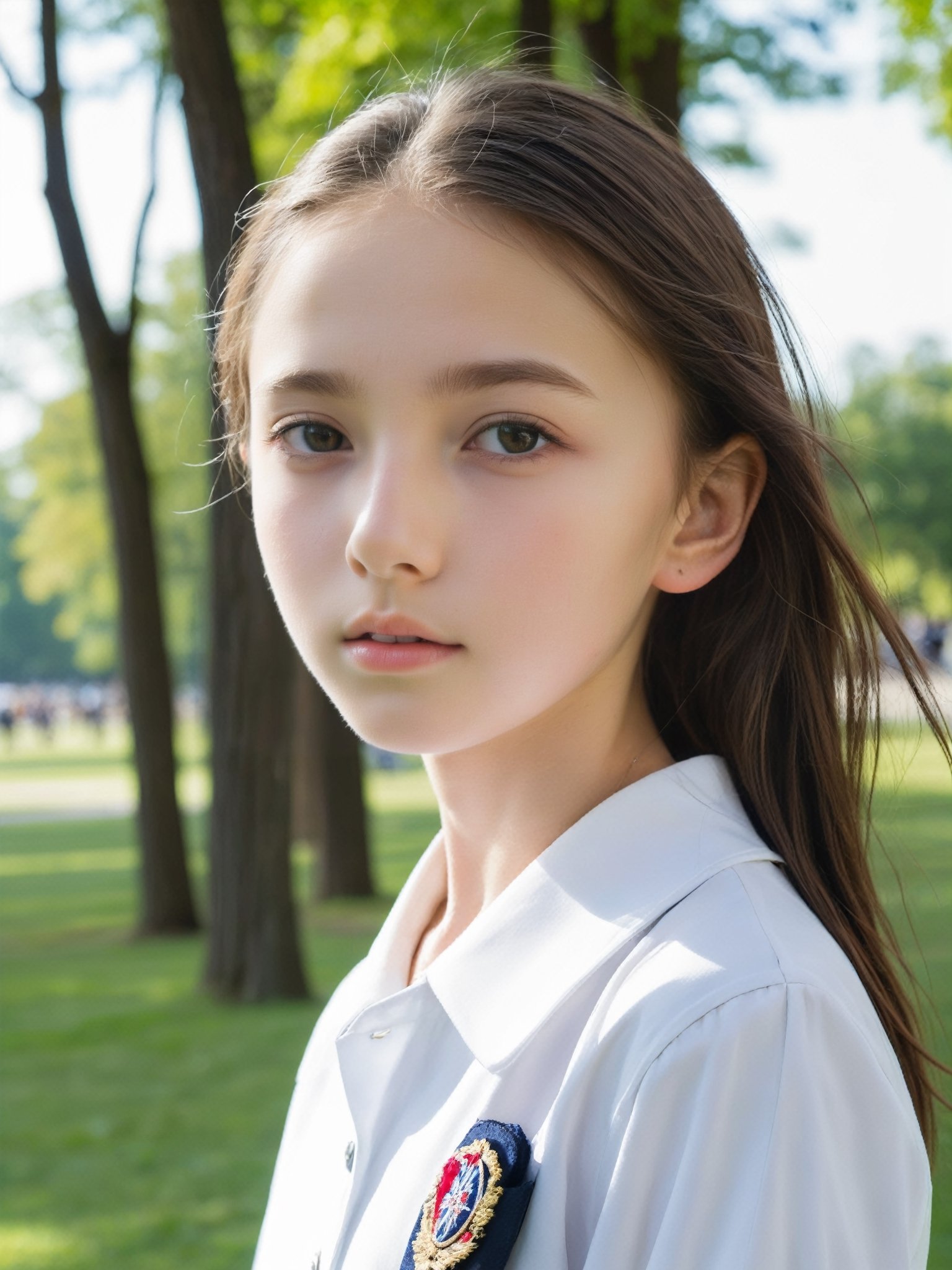 a half-body portrait photo of an East-European fashion model, (age 12-15:2), (dynamic pose:1.3), upper body, close up, gorgeous face, highly detailed face, smooth soft skin, looking at viewer, (from side:0.9), make up, (pubescent girl, short girl, slender girl, very thin:1.2), (summer school uniform:1.1), (outdoors, in deserted park, in the morning, dark background:1.4)