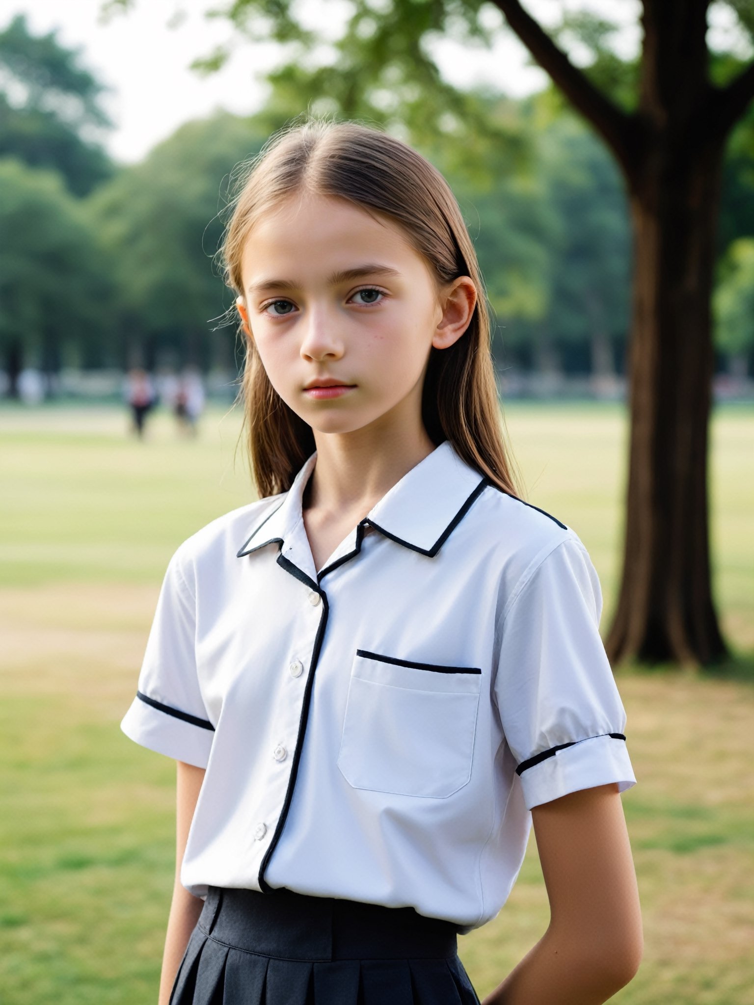 a half-body portrait photo of a German fashion model, (age 12-15:2), (dynamic pose:1.3), upper body, close up, gorgeous face, highly detailed face, smooth soft skin, looking at viewer, (from side:0.9), make up, (pubescent girl,  slender girl, skinny body, very thin:1.2), (summer school uniform:1.1), (outdoors, in deserted park, in the morning, dark background:1.4)