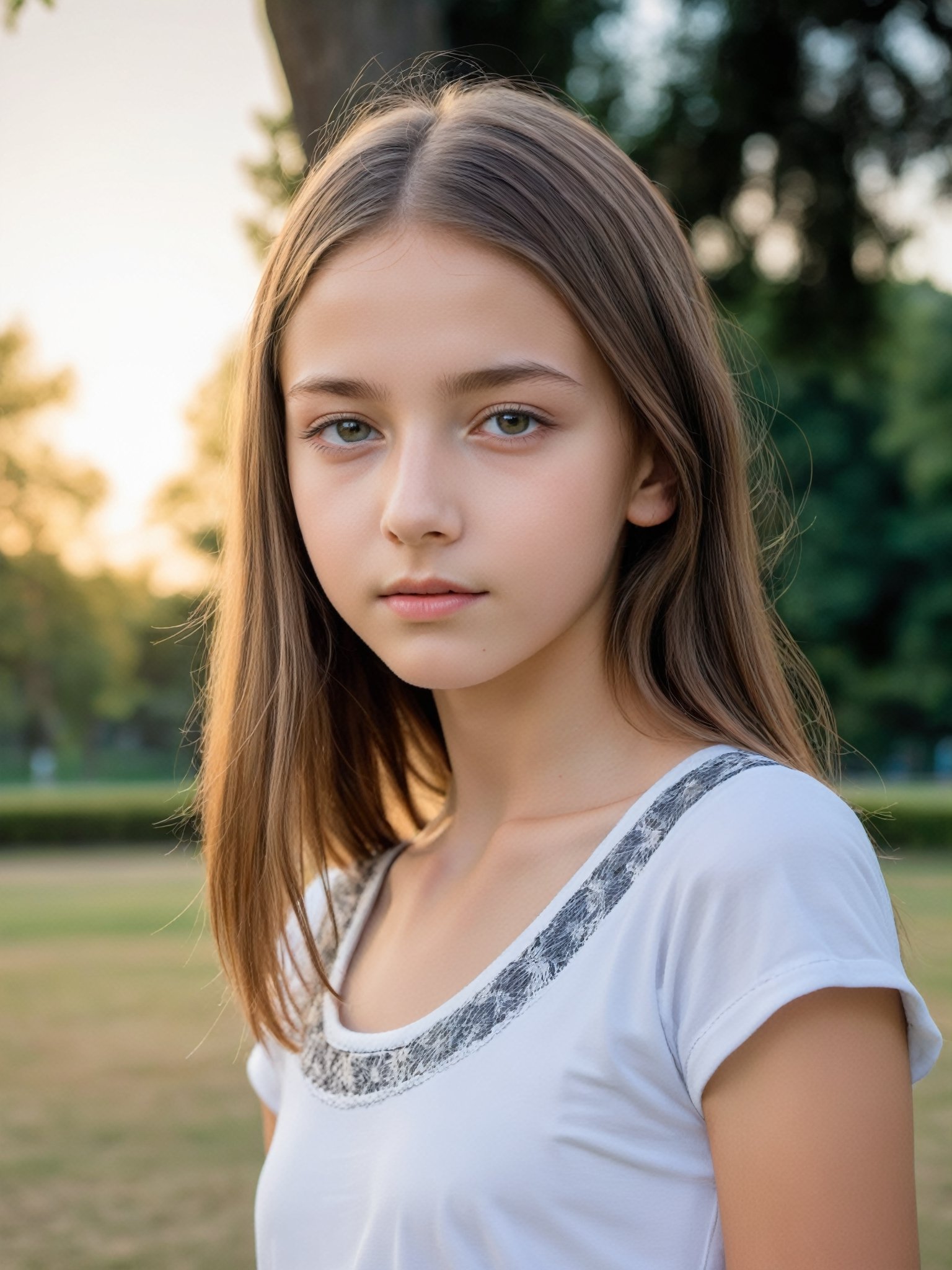 a half-body portrait photo of a German fashion model, (age 12-15:2), (dynamic pose:1.3), upper body, close up, gorgeous face, highly detailed face, smooth soft skin, looking at viewer, (from side:0.9), make up, (pubescent girl, short girl, slender girl, very thin:1.2), (summer school uniform:1.1), (outdoors, in deserted park, in the morning, dark background:1.4)