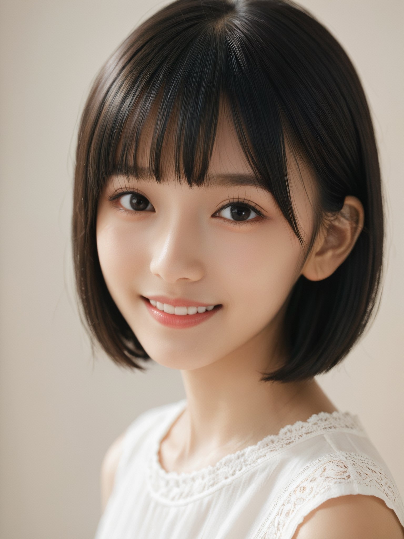 A photorealistic digital portrait of a young girl with short, straight black hair, bangs, and a side part. She has a gentle smile, light makeup, and is wearing a white shirt. The background is soft-focused with a neutral color palette, emphasizing the subject. The lighting is soft and diffused, highlighting her features and giving the image a warm, inviting atmosphere.

More Reasonable Details,aesthetic portrait,FilmGirl,hubggirl