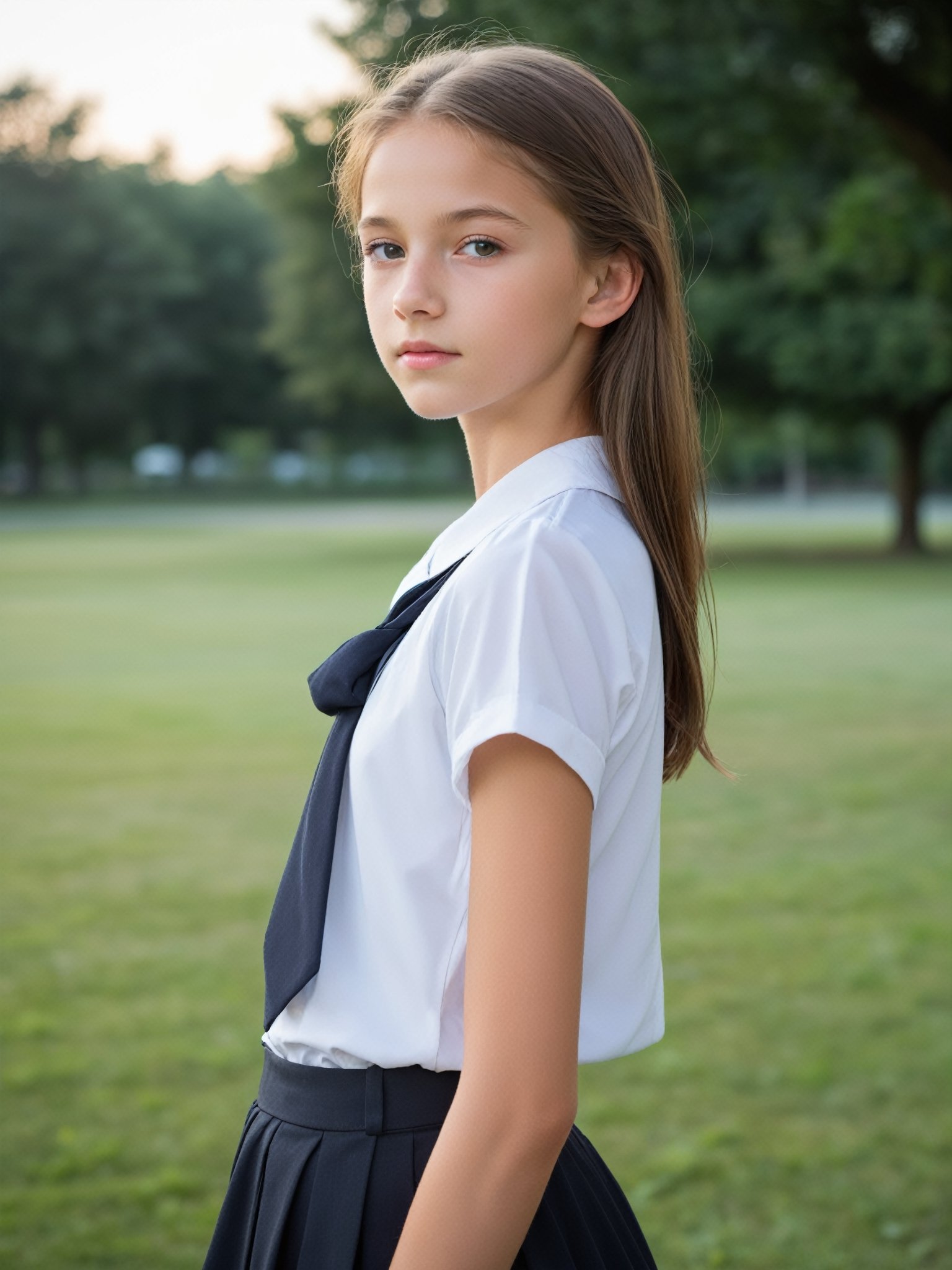 a half-body portrait photo of a German fashion model, (age 12-15:2), (dynamic pose:1.3), upper body, close up, gorgeous face, highly detailed face, smooth soft skin, looking at viewer, (from side:0.9), make up, (pubescent girl, short girl, slender girl, very thin:1.2), (summer school uniform:1.1), (outdoors, in deserted park, in the morning, dark background:1.4)