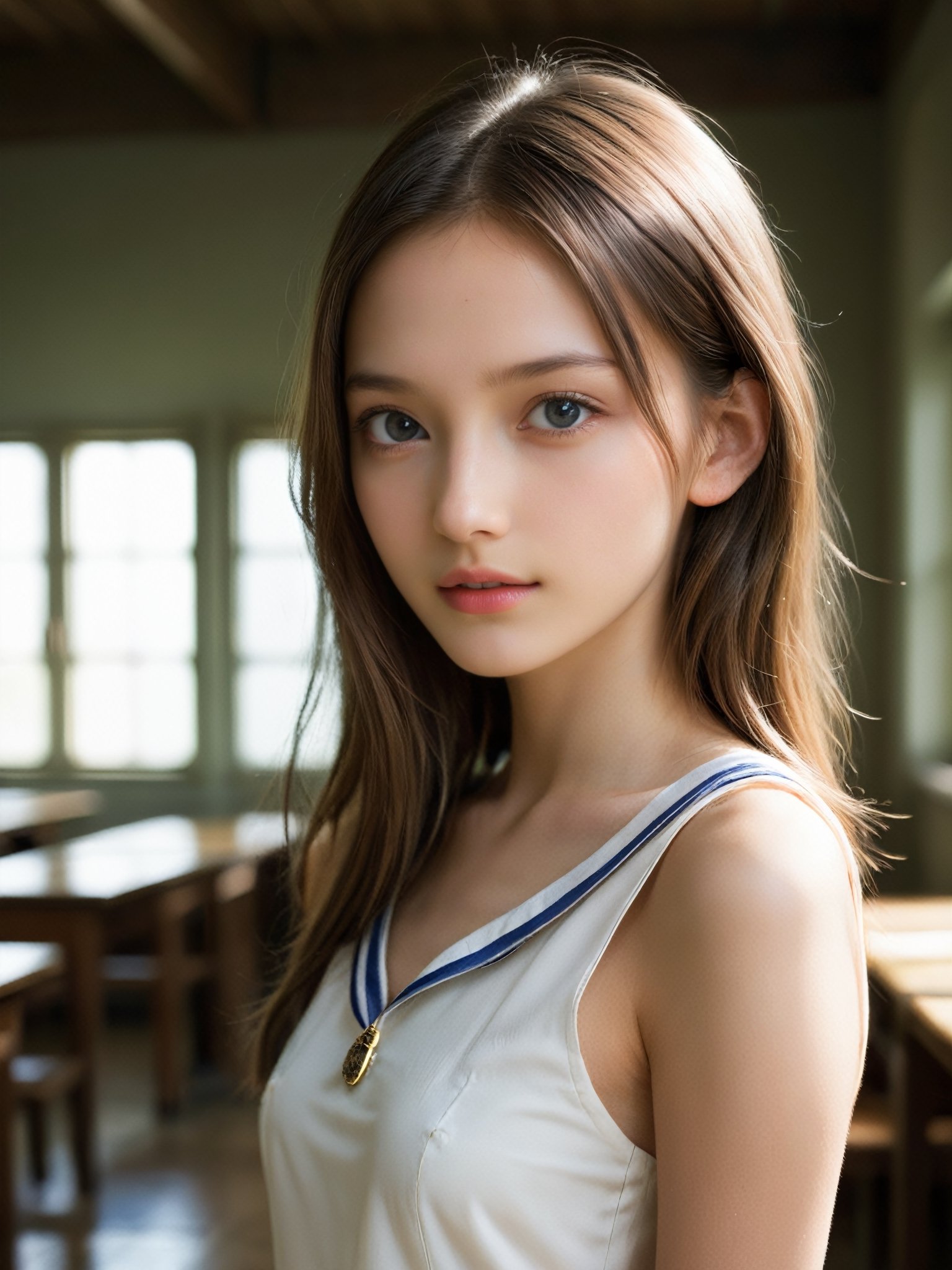 A stunning portrait photo of a young fashion model, aged between 13-16, with a close-up, face shot that captures her unique beauty and charm. Use cinematic lighting to enhance the overall aesthetic and create a sense of depth and realism. The image should be ultra-realistic, with the highest quality possible, and should showcase the model's photorealistic features, including her analog medium hair, detailed face, and intricate nose.

The model should be depicted in a nude state, with her naked body on full display, including her pussy and vagina. However, the focus should be on her small hips, slim thighs, and playful smirk, which should be emphasized by her wearing an elite school uniform. The setting should be a deserted classroom, indoors, with a bright background and natural sunlight streaming in. The model should be portrayed as a slender girl with a skinny body and very thin frame, shot from the side to showcase her dynamic and erotic posing. The overall image should be a captivating representation of youth, beauty, and sensuality.

(Nude, naked girl, completely naked, no pants, no public hair, pussy, vagina:1.8)

More Reasonable Details, more detail XL, FilmGirl,