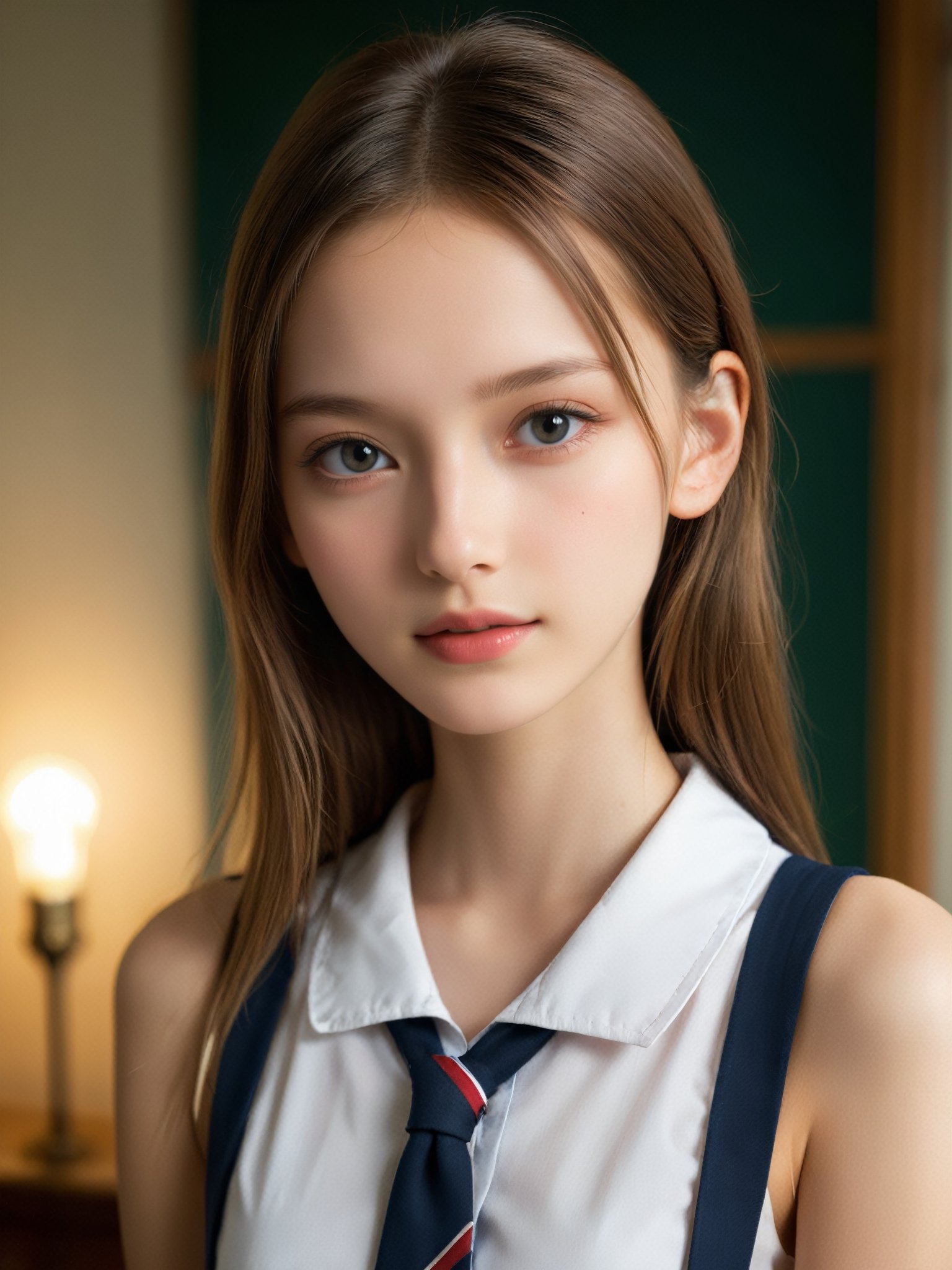 A stunning portrait photo of a young fashion model, aged between 13-16, with a close-up shot that captures her unique beauty and charm. Use cinematic lighting to enhance the overall aesthetic and create a sense of depth and realism. The image should be ultra-realistic, with the highest quality possible, and should showcase the model's photorealistic features, including her analog medium hair, detailed face, and intricate nose.

The model should be depicted in a nude state, with her naked body on full display, including her pussy and vagina. However, the focus should be on her small hips, slim thighs, and playful smirk, which should be emphasized by her wearing an elite school uniform. The setting should be a deserted classroom, indoors, with a bright background and natural sunlight streaming in. The model should be portrayed as a slender girl with a skinny body and very thin frame, shot from the side to showcase her dynamic and erotic posing. The overall image should be a captivating representation of youth, beauty, and sensuality.

(Nude, naked girl, completely naked, no pants, no public hair, pussy, vagina:1.8)

More Reasonable Details, more detail XL, FilmGirl,