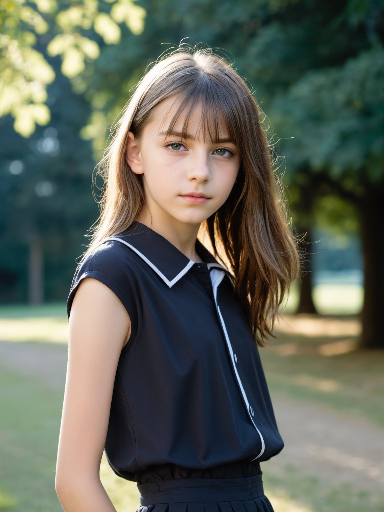 a half-body portrait photo of a German fashion model, (age 12-15:2), (dynamic pose:1.3), upper body, close up, gorgeous face, highly detailed face, smooth soft skin, looking at viewer, (from side:0.9), make up, (pubescent girl, short girl, slender girl, very thin:1.2), (summer school uniform:1.1), (outdoors, in deserted park, in the morning, dark background:1.4)