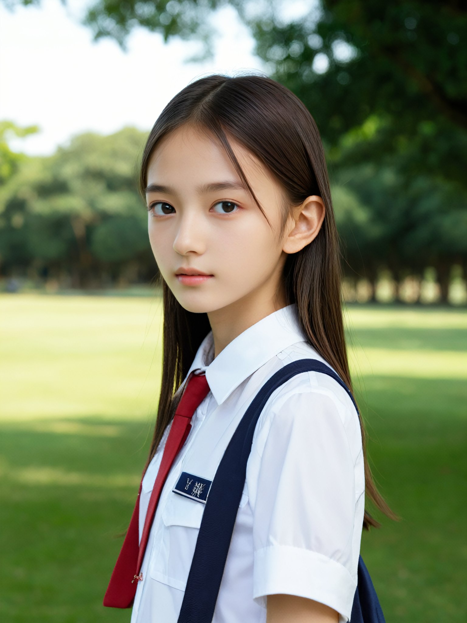 a half-body portrait photo of a fashion model, (age 12-15:1.2), (dynamic pose:1.3), upper body, close up, gorgeous face, highly detailed face, smooth soft skin, looking at viewer, (from side:0.9), make up, (pubescent girl, short girl, slender girl, very thin:1.2), (summer school uniform:1.1), (outdoors, in deserted park, in the morning, dark background:1.4),

More Reasonable Details,