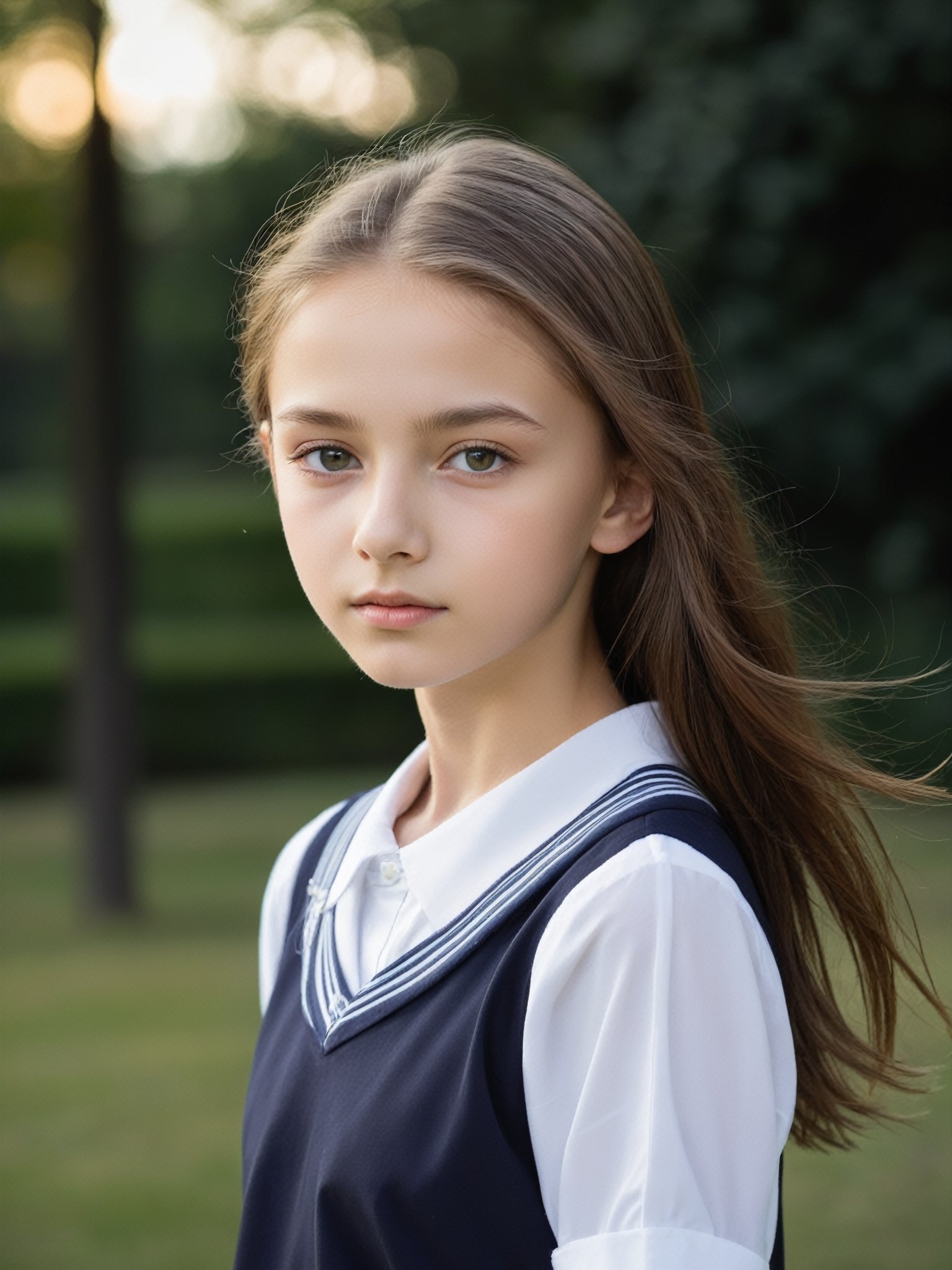 a half-body portrait photo of a Russian fashion model, (age 12-15:2), (dynamic pose:1.3), upper body, close up, gorgeous face, highly detailed face, smooth soft skin, looking at viewer, (from side:0.9), make up, (pubescent girl, short girl, slender girl, very thin:1.2), (summer school uniform:1.1), (outdoors, in deserted park, in the morning, dark background:1.4)