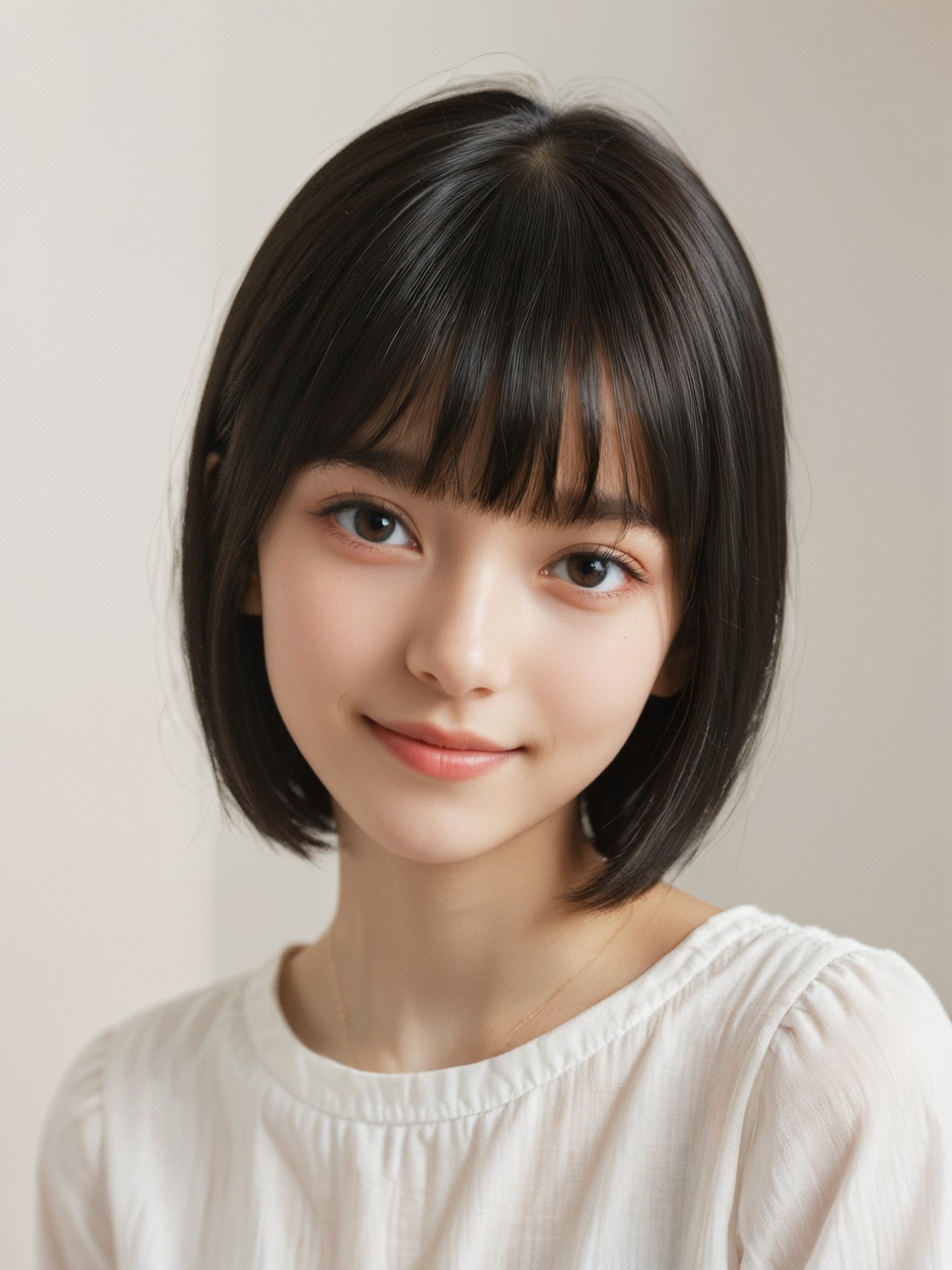 A photorealistic digital portrait of a Russian female  with short, straight black hair, bangs, and a side part. (Age 15-17:1.8). She has a gentle smile, light makeup, and is wearing a white shirt. The background is soft-focused with a neutral color palette, emphasizing the subject. The lighting is soft and diffused, highlighting her features and giving the image a warm, inviting atmosphere.

More Reasonable Details,aesthetic portrait,FilmGirl,hubggirl