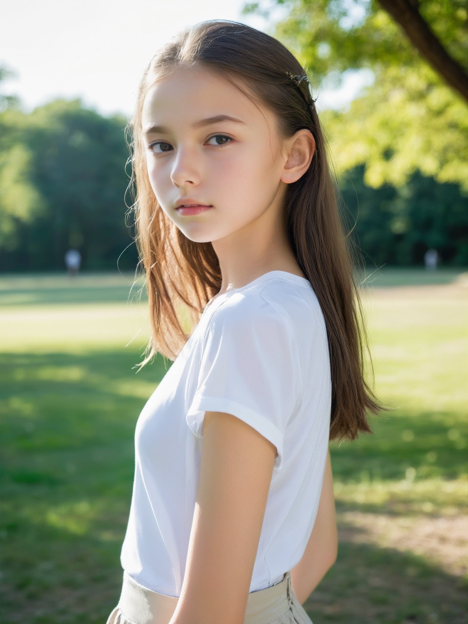 a half-body portrait photo of a Russian fashion model, (age 12-15:2), (dynamic pose:1.3), upper body, close up, gorgeous face, highly detailed face, smooth soft skin, looking at viewer, (from side:0.9), make up, (pubescent girl, short girl, slender girl, very thin:1.2), (summer school uniform:1.1), (outdoors, in deserted park, in the morning, dark background:1.4)