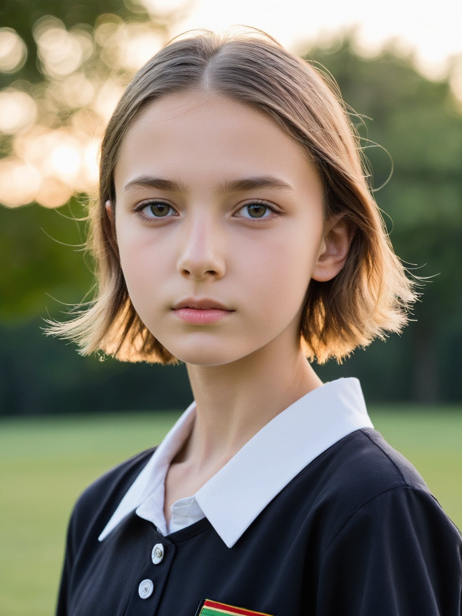 a half-body portrait photo of a German fashion model, (age 12-15:2), (dynamic pose:1.3), upper body, close up, gorgeous face, highly detailed face, smooth soft skin, looking at viewer, (from side:0.9), make up, (pubescent girl, short girl, slender girl, very thin:1.2), (summer school uniform:1.1), (outdoors, in deserted park, in the morning, dark background:1.4)