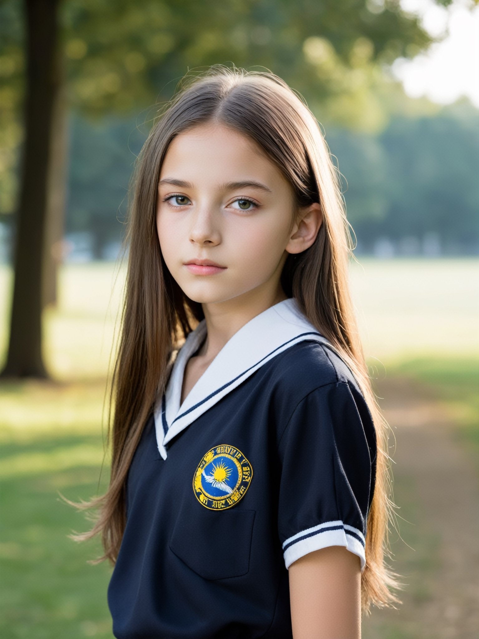 a half-body portrait photo of an East-European fashion model, (age 12-15:2), (dynamic pose:1.3), upper body, close up, gorgeous face, highly detailed face, smooth soft skin, looking at viewer, (from side:0.9), make up, (pubescent girl, short girl, slender girl, very thin:1.2), (summer school uniform:1.1), (outdoors, in deserted park, in the morning, dark background:1.4)