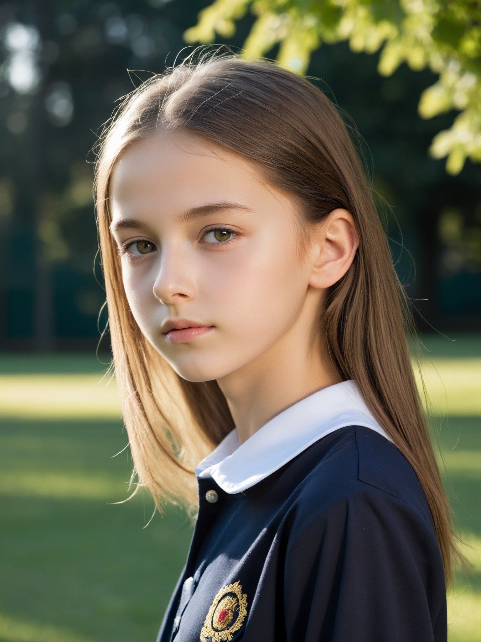 a half-body portrait photo of an East-European fashion model, (age 12-15:2), (dynamic pose:1.3), upper body, close up, gorgeous face, highly detailed face, smooth soft skin, looking at viewer, (from side:0.9), make up, (pubescent girl, short girl, slender girl, very thin:1.2), (summer school uniform:1.1), (outdoors, in deserted park, in the morning, dark background:1.4)