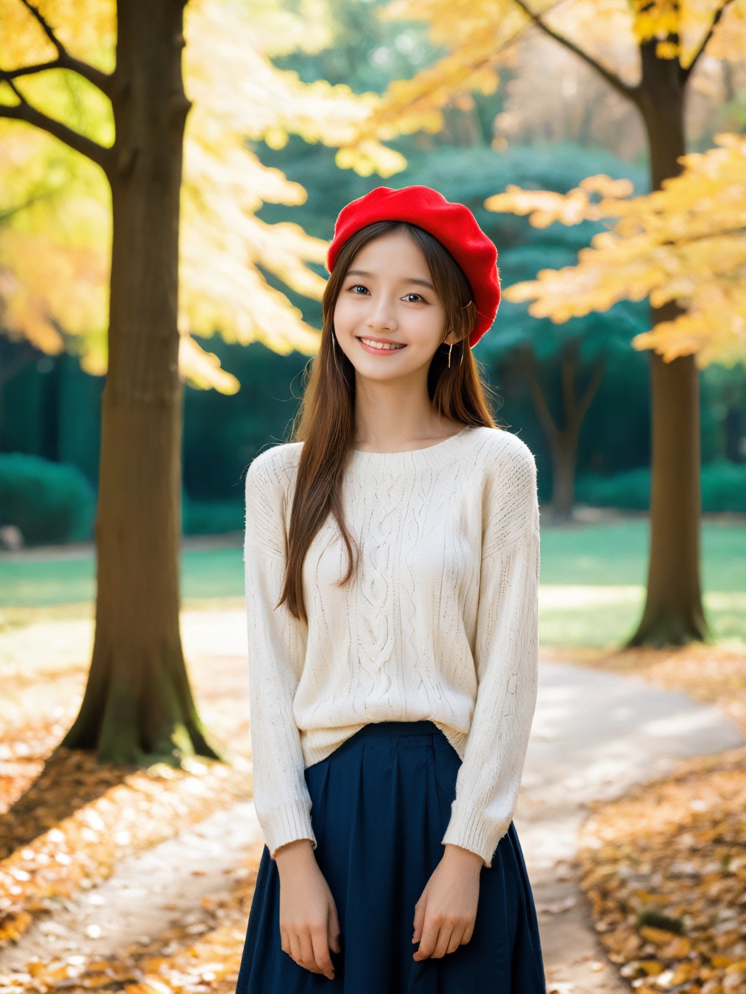 Imagine a young girl, aged between 14 and 17, with long flowing hair cascading down her back. She has a bright and infectious smile on her face, radiating warmth and joy. The girl is slender with a skinny body and very thin frame, but she carries herself with confidence and grace. 

She is standing alone in a deserted park, surrounded by nature's tranquility. The park is located outdoors, with lush greenery and towering trees providing a serene backdrop. The girl is dressed in a cozy white sweater that hugs her slim figure, complemented by a vibrant red fur-beret perched on top of her head. She accessorizes with delicate ear rings that catch the sunlight and sparkle with every movement.

The atmosphere in the park is calm and peaceful, with a gentle breeze rustling the leaves and birds chirping in the distance. The girl seems to be lost in her own thoughts, enjoying the solitude and the beauty of the surroundings. Despite being alone, she exudes a sense of contentment and inner peace, as if she has found a sanctuary in this deserted park.

This scene captures the essence of a young girl's innocence and resilience, as she navigates the complexities of adolescence with a smile on her face and a hopeful heart. The combination of her youthful appearance, the serene outdoor setting, and her stylish yet understated outfit creates a visually captivating image that evokes a sense of tranquility and wonder.
