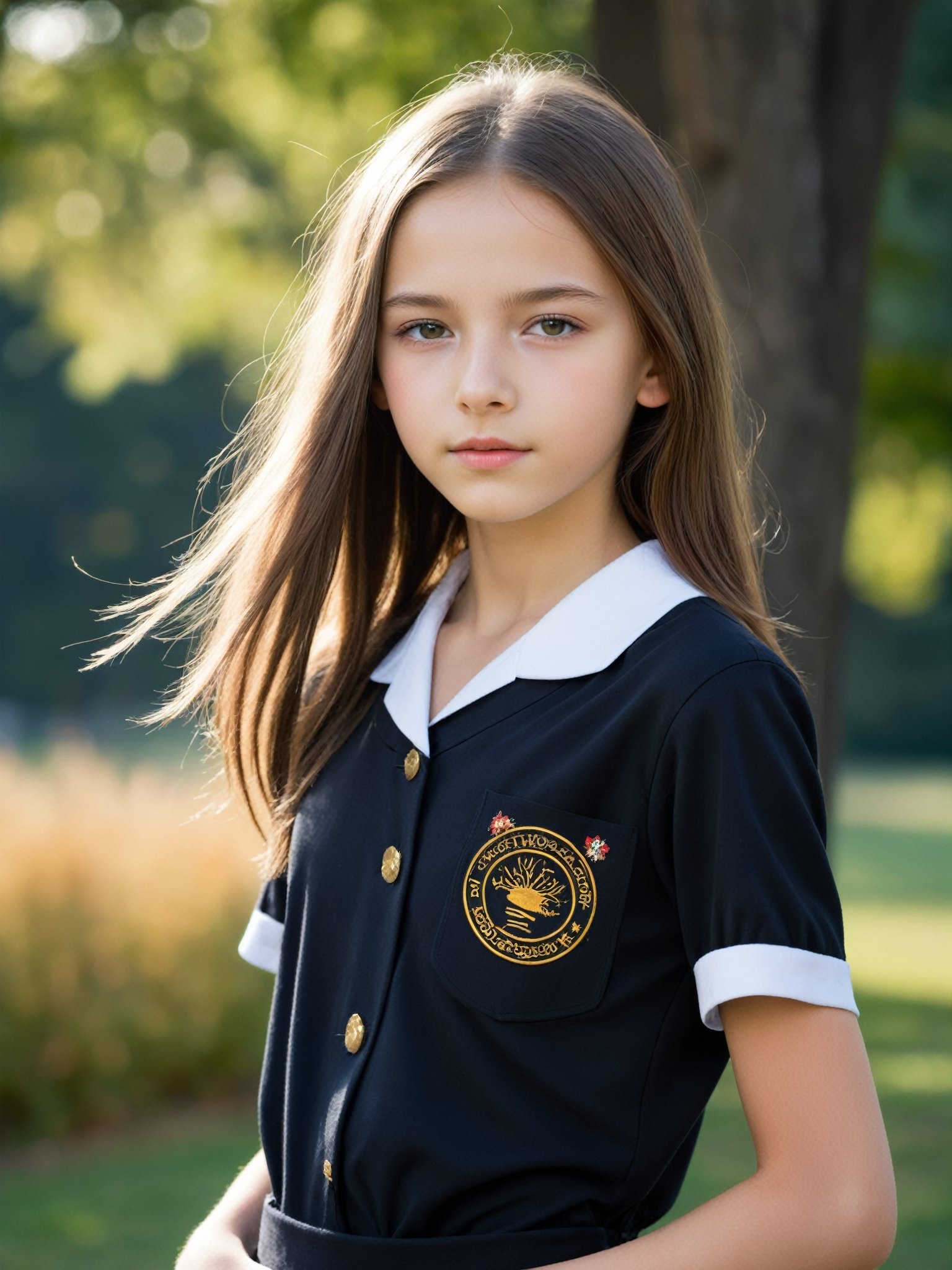 a half-body portrait photo of an East-European fashion model, (age 12-15:2), (dynamic pose:1.3), upper body, close up, gorgeous face, highly detailed face, smooth soft skin, looking at viewer, (from side:0.9), make up, (pubescent girl, short girl, slender girl, very thin:1.2), (summer school uniform:1.1), (outdoors, in deserted park, in the morning, dark background:1.4)