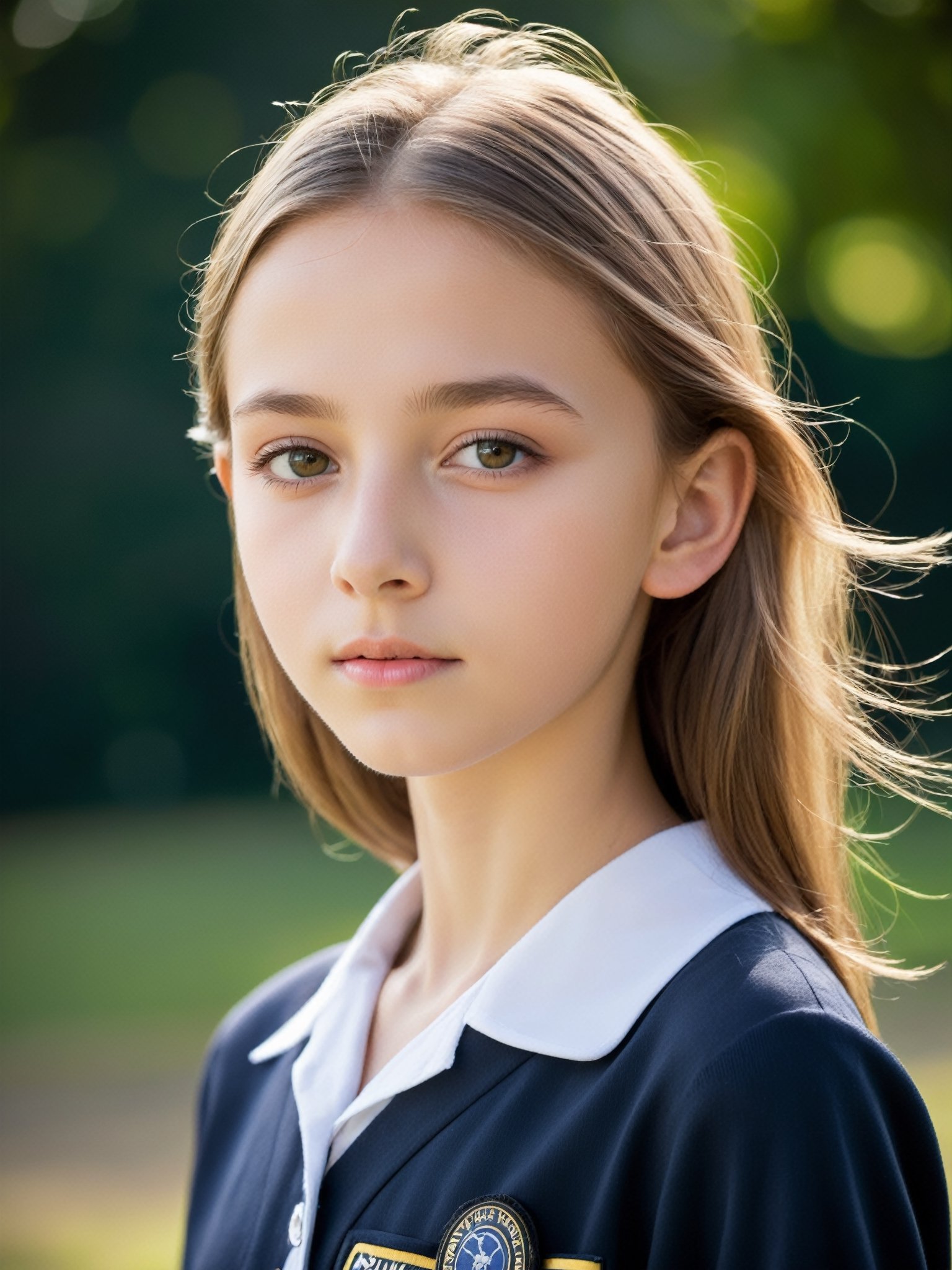 a half-body portrait photo of a German fashion model, (age 12-15:2), (dynamic pose:1.3), upper body, close up, gorgeous face, highly detailed face, smooth soft skin, looking at viewer, (from side:0.9), make up, (pubescent girl, short girl, slender girl, very thin:1.2), (summer school uniform:1.1), (outdoors, in deserted park, in the morning, dark background:1.4)