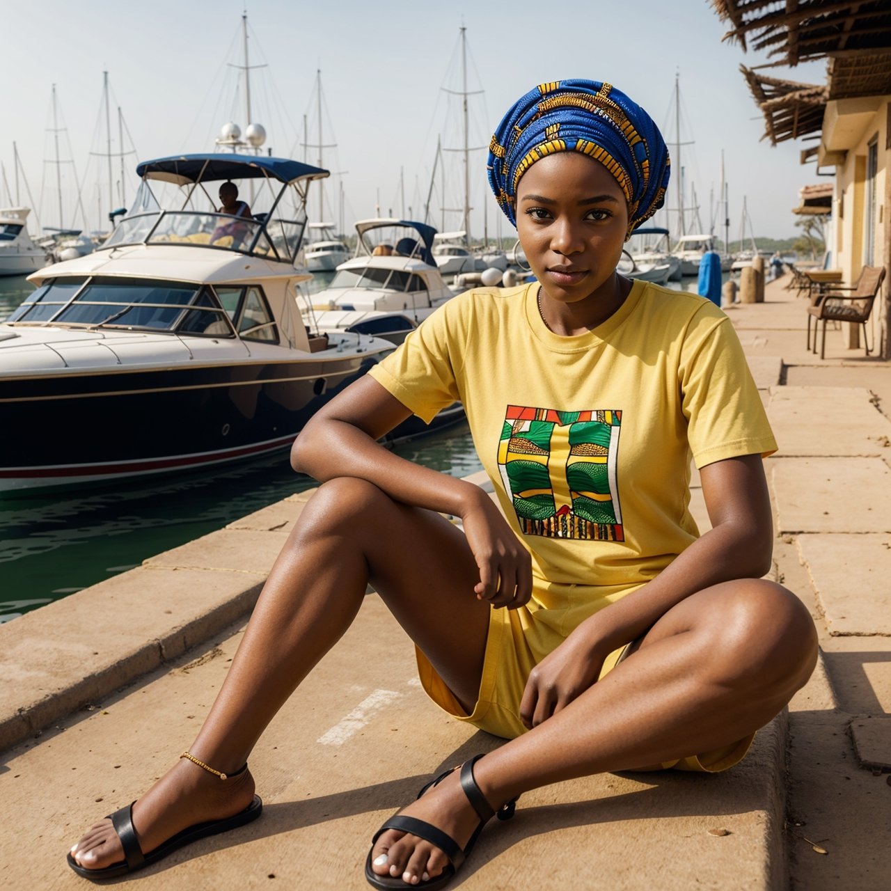 (masterpiece), 25 years old, (((African woman))), in a marina, 1 girl, short hair, bangs, looking at viewer, loose yellow t-shirt, sitting