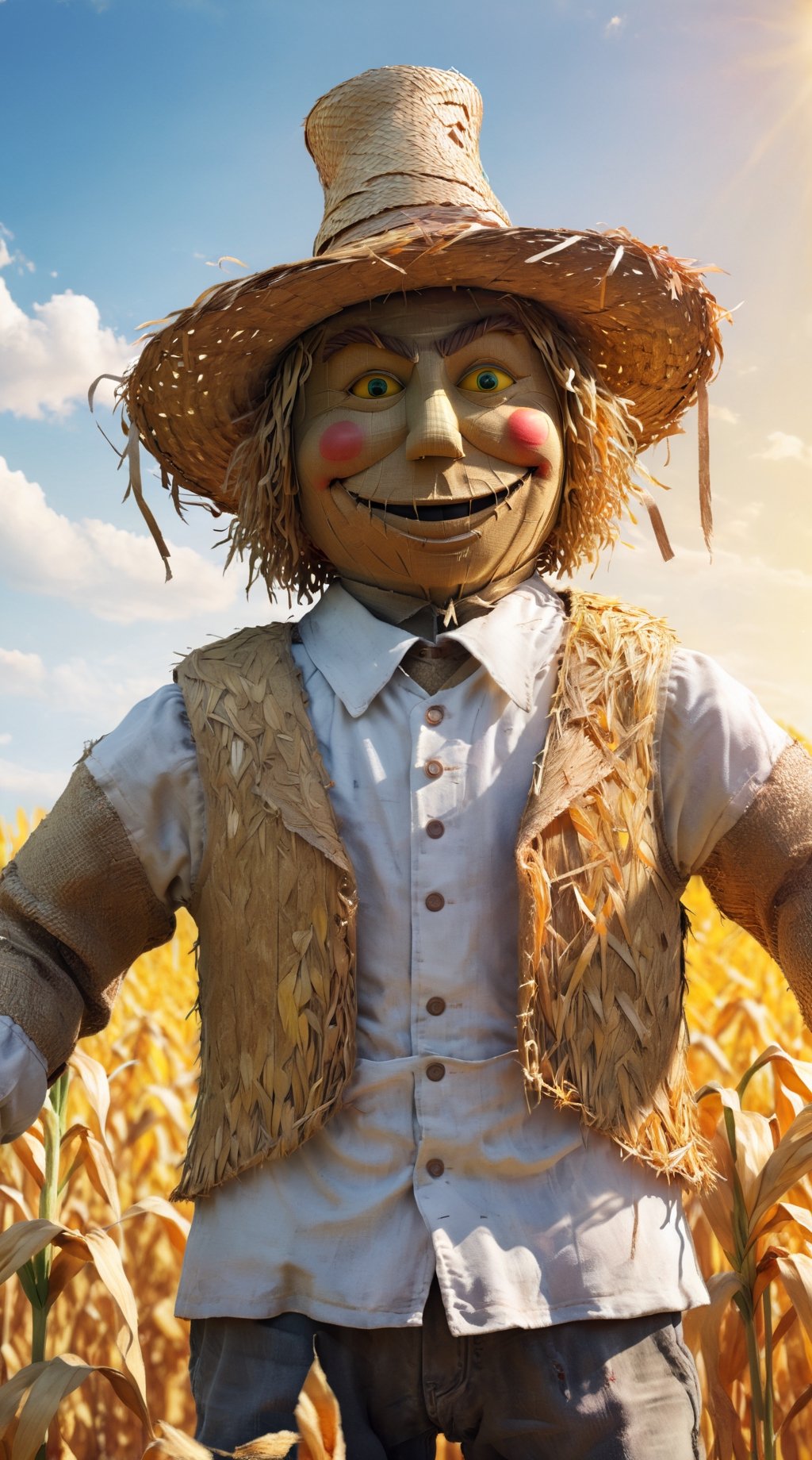 A scarecrow, made entirely of straw, with a straw hat, and his realistic bride attached to him, ((the scarecrow's head made entirely of straw)), standing in the middle of a cornfield, a very bright day, a bright sun, comedy, cinematic (by Jim Carrey), light colors, refreshing atmosphere, outdoor scene, realistic details, high resolution