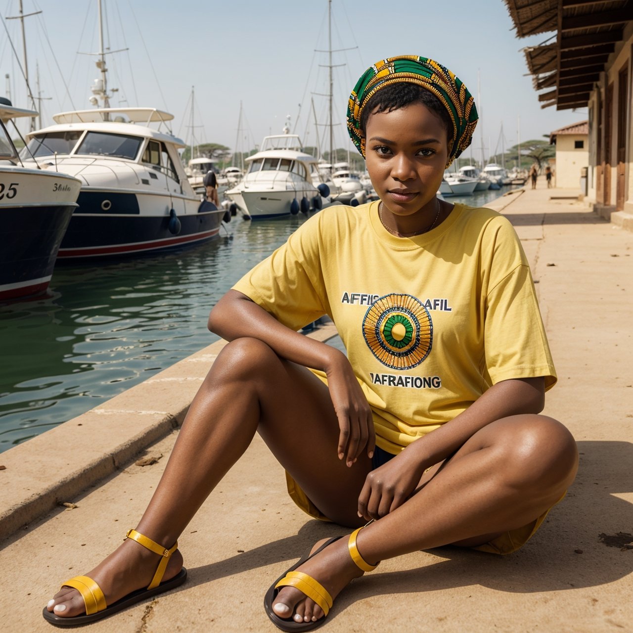 (masterpiece), 25 years old, (((African woman))), in a marina, 1 girl, short hair, bangs, looking at viewer, loose yellow t-shirt, sitting