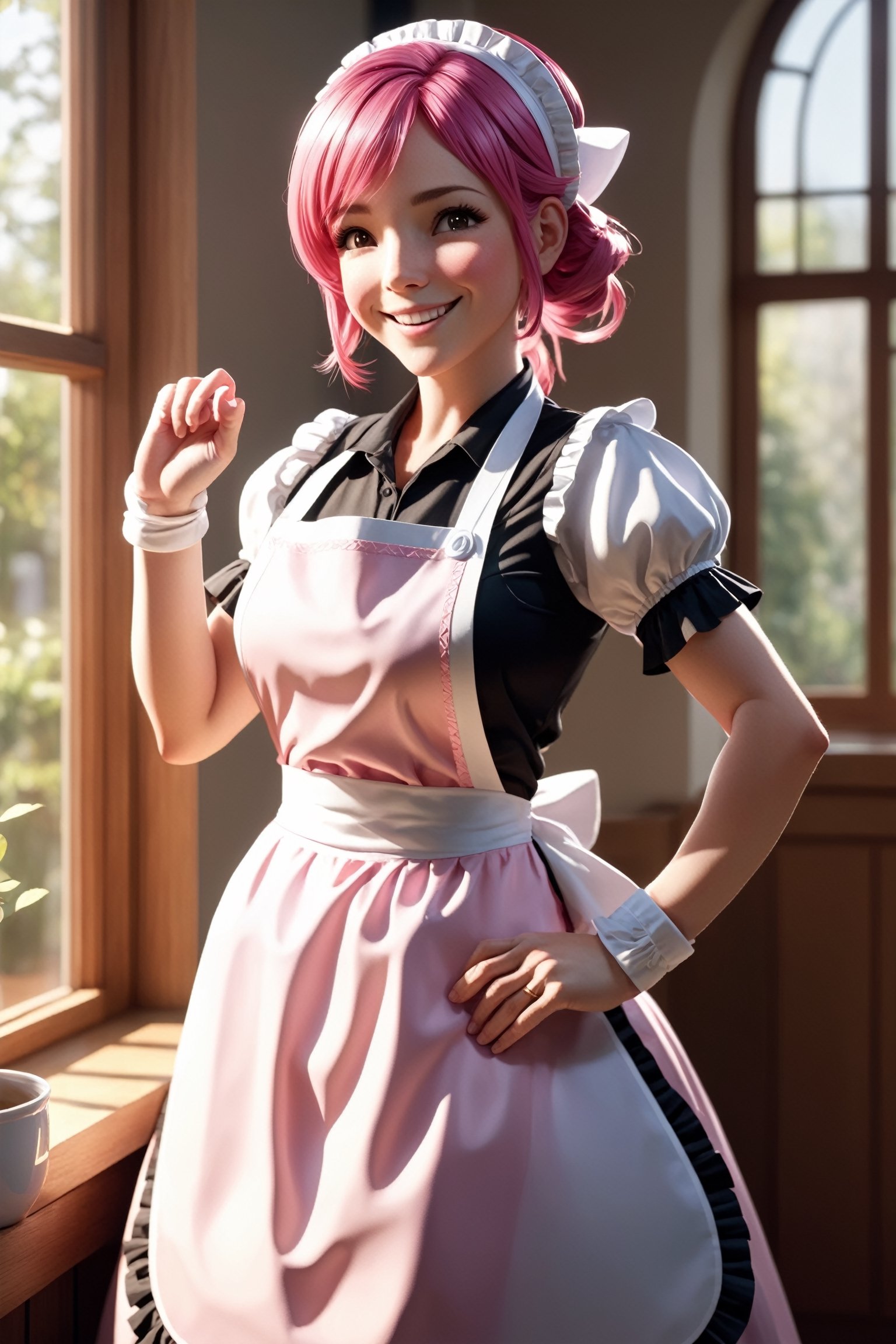 1girl, pink hair, maid, maid apron, wrist cuffs, upper body, tsurime, large breasts, milf, mature women, masterpiece, high quality, absurdres, cinematic lighting, sunbeam, large window, indoors, light smile,