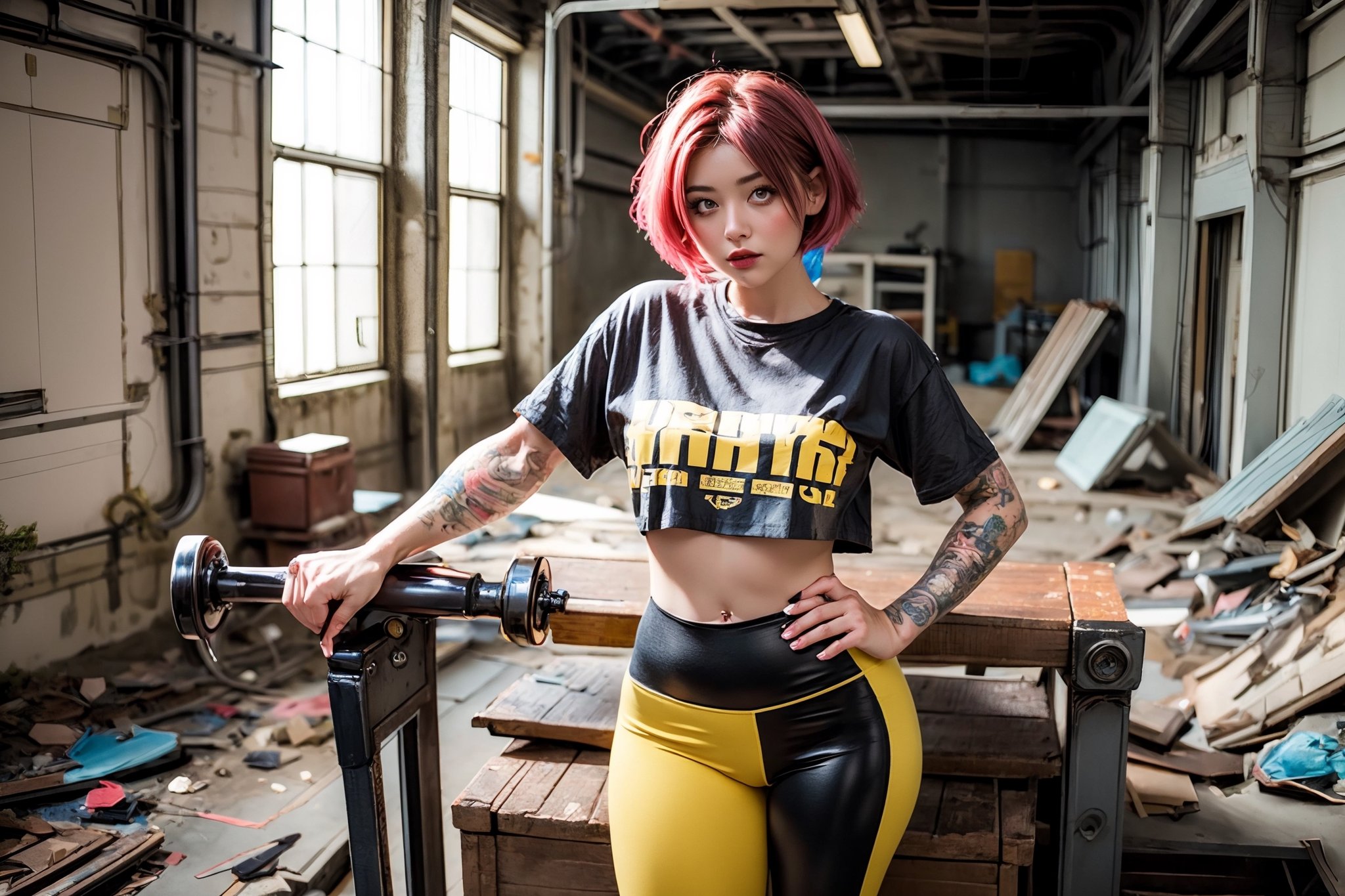 1 girl, full body, curvy body, dull black and yellow leggings, printed cropped t-shirt, urban style, perfect face, perfect eyes, short pink hair, tattoos, mix of fantasy and realism, inside an abandoned oil plant , ultra high resolution, 8k, HDR