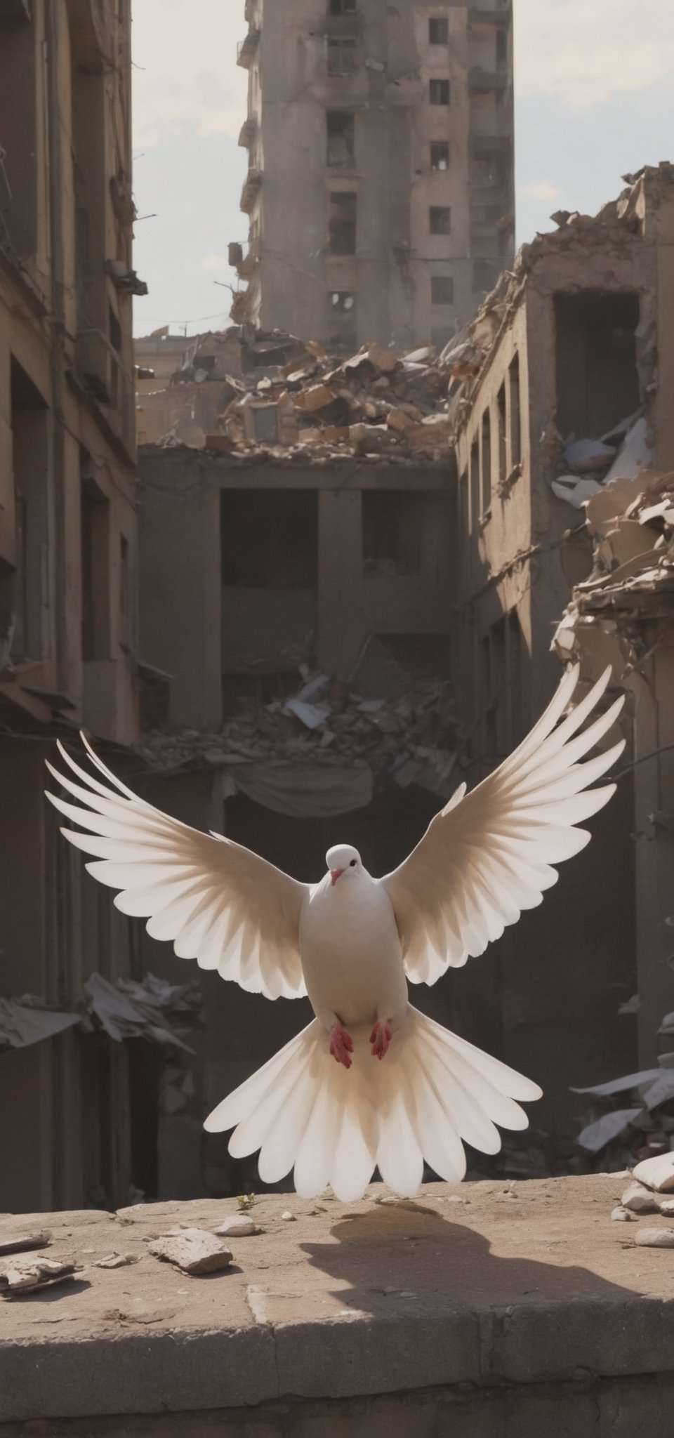 Imagine a scene of both moving beauty and desolation: A white dove, a symbol of peace, flies majestically over a city devastated by war. [The view is from above the pigeon, allowing us to see the pigeon flying and the city destroyed by bombs.] The image must be hyperrealistic, capturing every feather of the dove and every detail of the ruined city.

Use the following camera:
High resolution DSLR or mirrorless camera
And configuration:
Low ISO, (Wide Aperture: Use a wide aperture f/2.8), (Fast shutter speed, A speed of 1/1000 of a second or faster may be necessary), Continuous autofocus, RAW Shooting, Image stabilization