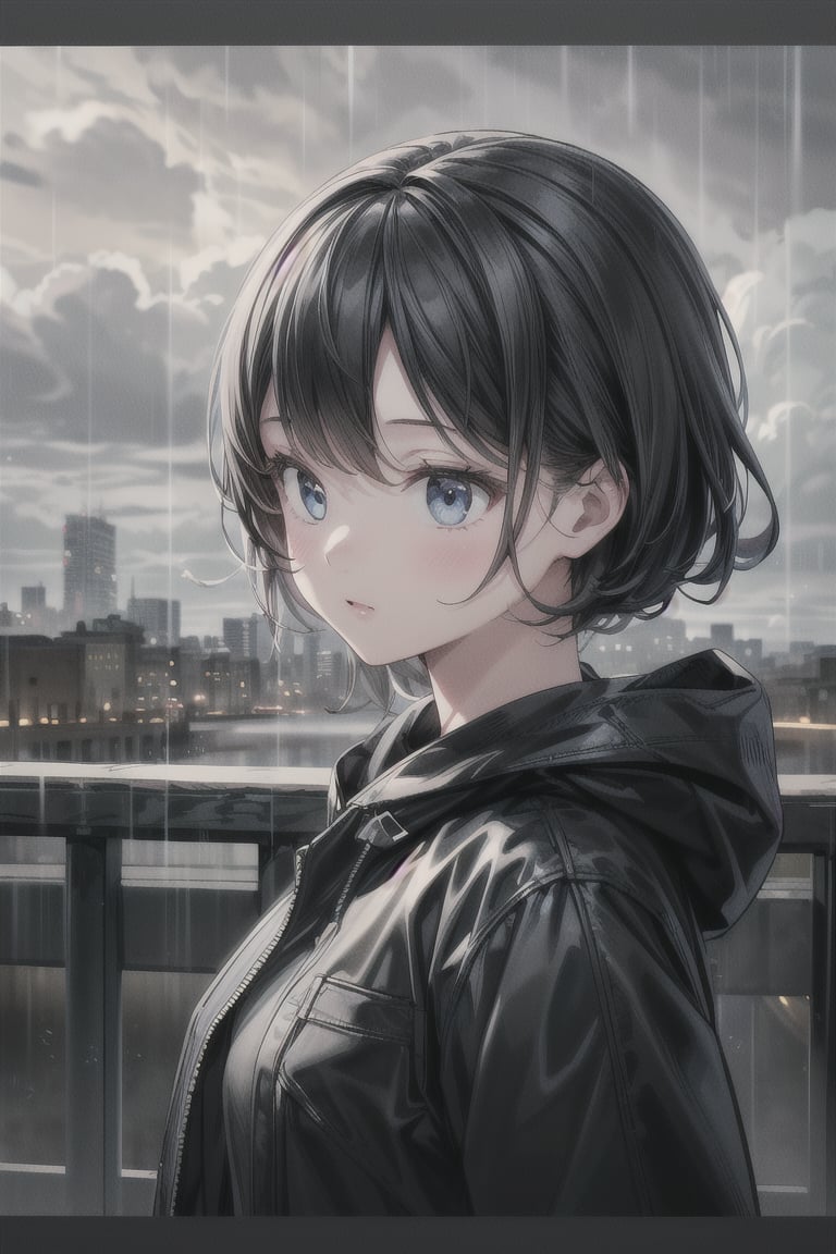 1girl, black_hair, typhoon, cloudy, heavy rain, cityscape, masterpiece, beautiful details, perfect focus, 8K wallpaper, high resolution, exquisite texture in every detail