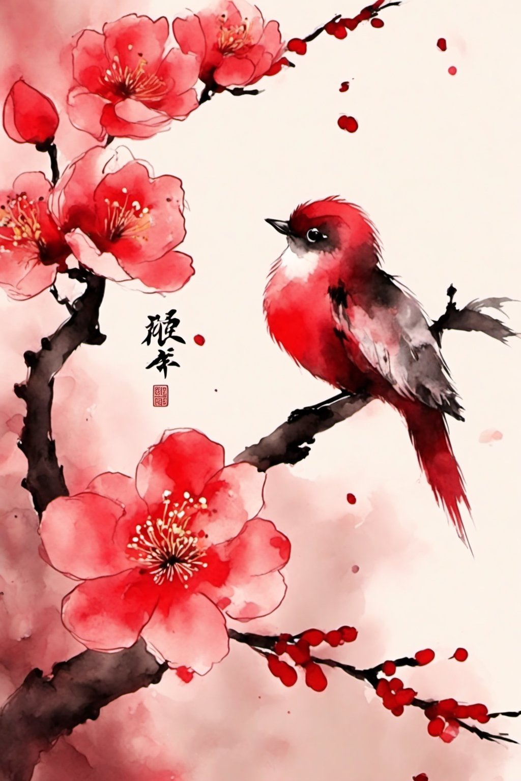 ink, Chinese New Year, plum flower branch with bird, red background