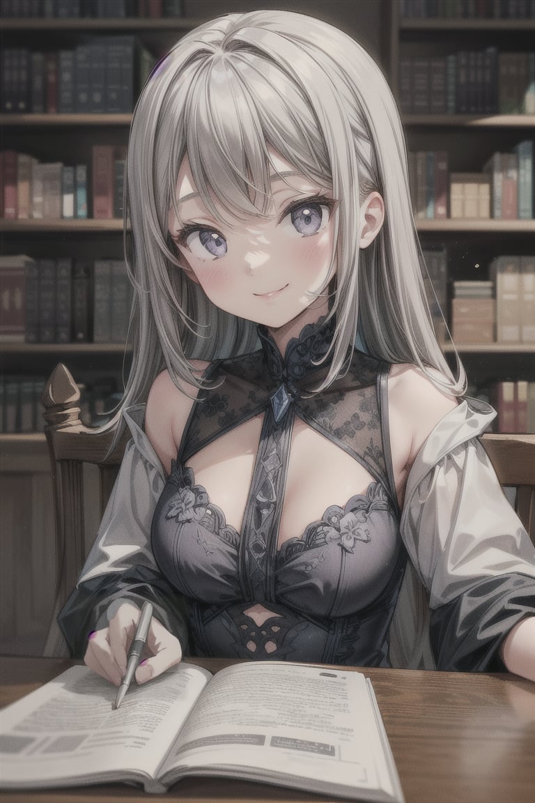 1girl, smile, bookshelf in background, masterpiece, beautiful details, perfect focus, 8K wallpaper, high resolution, exquisite texture in every detail