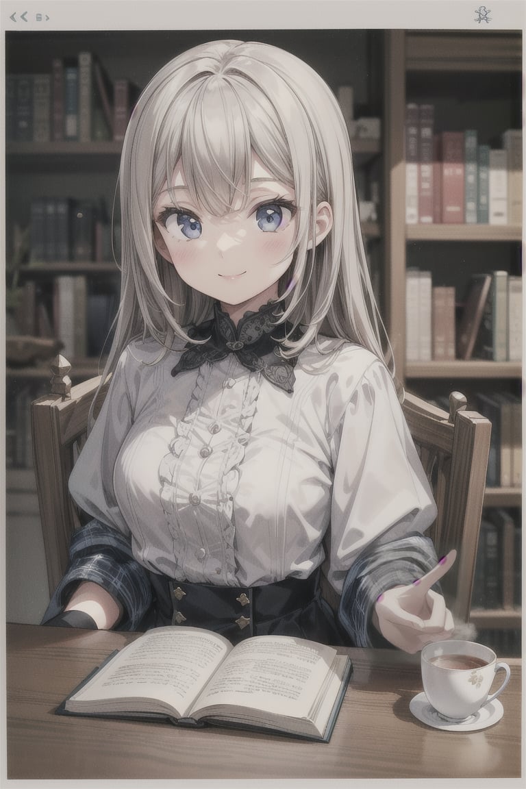 1girl, smile, bookshelf in background, masterpiece, beautiful details, perfect focus, 8K wallpaper, high resolution, exquisite texture in every detail