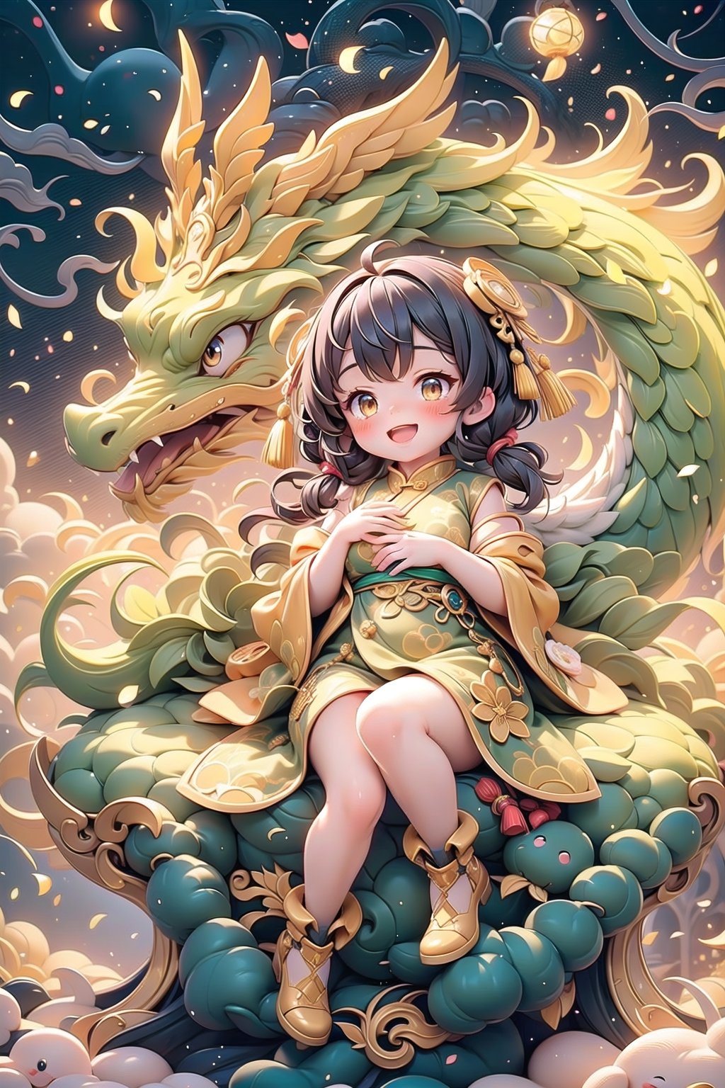 (masterpiece), 1girl, red chinese dress, golden dragon, blush, open mouth, smile
