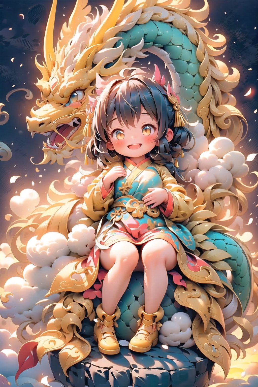 (masterpiece), 1girl, red chinese dress, golden dragon, blush, open mouth, smile