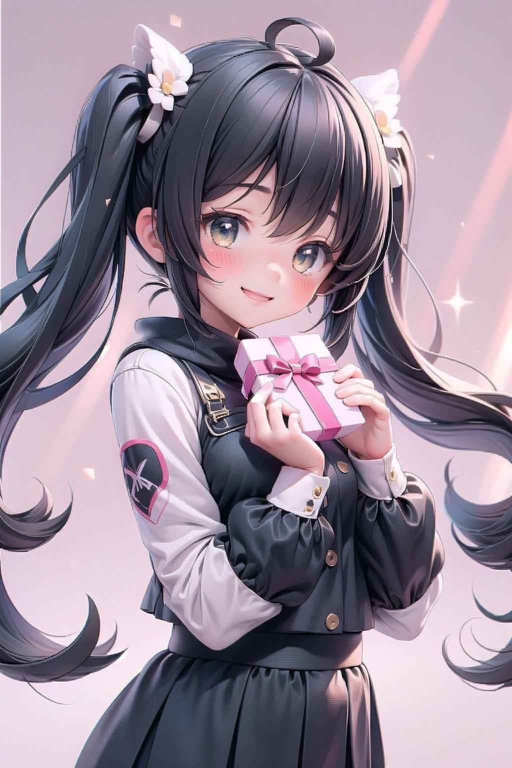 1girl, black low twintail, giving a gift, blush, smile, blouse, light rays, glow, (masterpiece), wallpaper