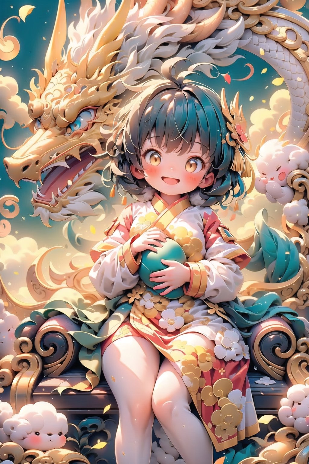 (masterpiece), 1girl, red chinese dress, golden dragon, blush, open mouth, smile