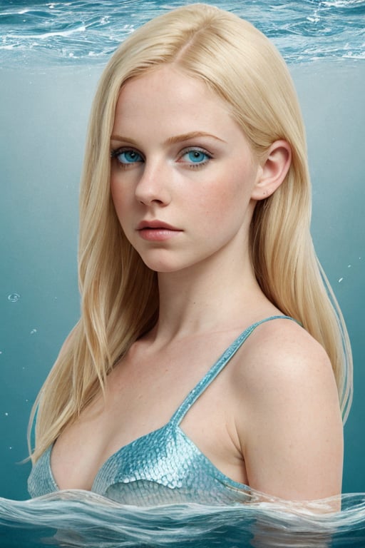 best quality, pale_skin, medium_length_hair, blond_hair, blue_eyes, petite, small_bust, mermaid, water_background, fish_background