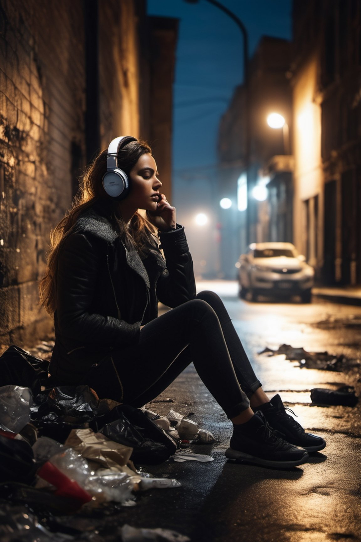 (photorealistic), masterpiece:1.5, beautiful lighting, best quality, beautiful lighting, realistic, real image, intricate details, everything in razor sharp focus, perfect focus, 

Generate a visually striking and emotionally evocative image featuring a woman sitting alone on a dark road, wearing headphones and surrounded by scattered garbage. Convey a sense of isolation and contrast by capturing the solitude of the woman against the dimly lit and desolate environment. Utilize generative techniques to highlight the details of the woman, the headphones, and the surrounding discarded items. Simulate the use of a professional camera, such as a Nikon Z6, to achieve a high-quality shot in low-light conditions, emphasizing the atmospheric ambiance. Craft an image that elicits a mix of emotions, exploring themes of isolation, introspection, and resilience in the midst of urban decay,photo r3al,detailmaster2