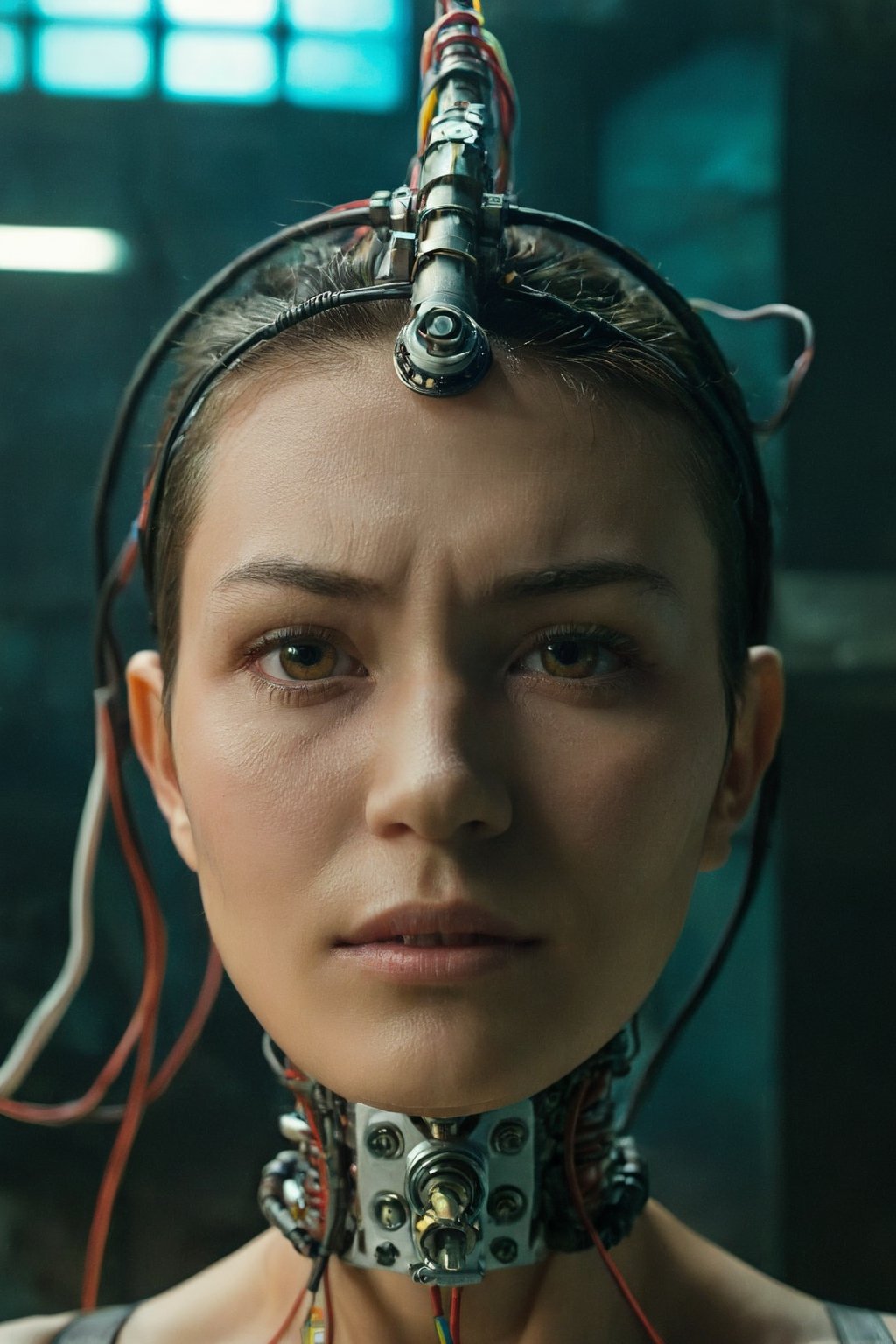 (((Perfect Face)))((cowboy shot)), (((masterpiece))), (((best quality))), ((ultra-detailed)), (highly detailed CG illustration), ((an extremely beautifull female inside an aquarium)), cinematic light,(((1mechanical woman))),solo,((upper torso feminine flesh hanging by wires)),((Hanging by wires and tubes)), (machine made joints:1.2),((machanical limbs)),(blood vessels connected to tubes),(mechanical vertebra attaching to back),((mechanical cervial attaching to neck)), ((realistic hair)), (sitting), (wires and cables attaching to neck:1.2),(wires and cables on head:1.2),(character focus),science fiction, extreme detailed, colorful, highest detailed,asian girl,perfecteyes,Landskaper,male,beyond_the_black_rainbow,photo r3al,Movie Still