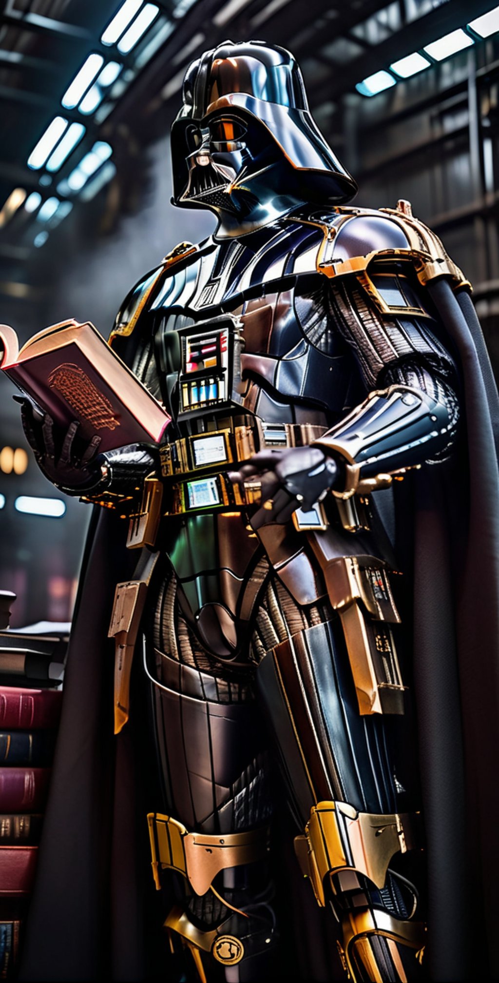 A Hi-Tech cyberpunk style black Darth Vader suit, Custom design, shining body, glowing look, full shining suit, body, hues.,steampunk style,cyberpunk style,mecha, perfect custom Hi-Tech suit, (holding a book:1.3), terrific, dark style,