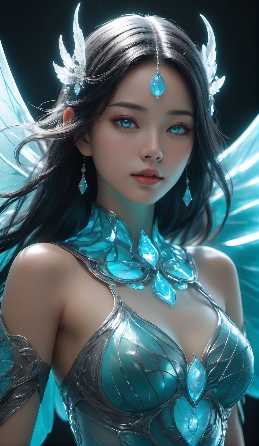 Realistic Photography of black hair beautiful girl. Sky princese (((fighting))). dragon Wings, (Hovering:1.3), (levitate:1.3). Energy glowing behind. (Full color Blooms, abstract). a perfectly detailed, realistic ,v-shaped slim face, ((aqua glowing eyes:1.5)). Float: 1.5, luminous energy force field. (perfact body). Frozen Aquamarine body, nature, subsurface scattering, translucent skin, Bioluminescent transparent glass scales, china style, cold color, bright, volume light, glass scales crown, photo realistic fantasy art character amazing, (full body:1.4), intricately detailed, trending on art station, Hyperrealistic, hand painted, high definition, glass, ultra high definition, 8k, unreal engine 5 , ultra sharp focus, intricate artwork, epic , vibrant, ((depth of field:1.5)), Movie Still, Film Still, Cinematic, cowboy shot, whole-body shot