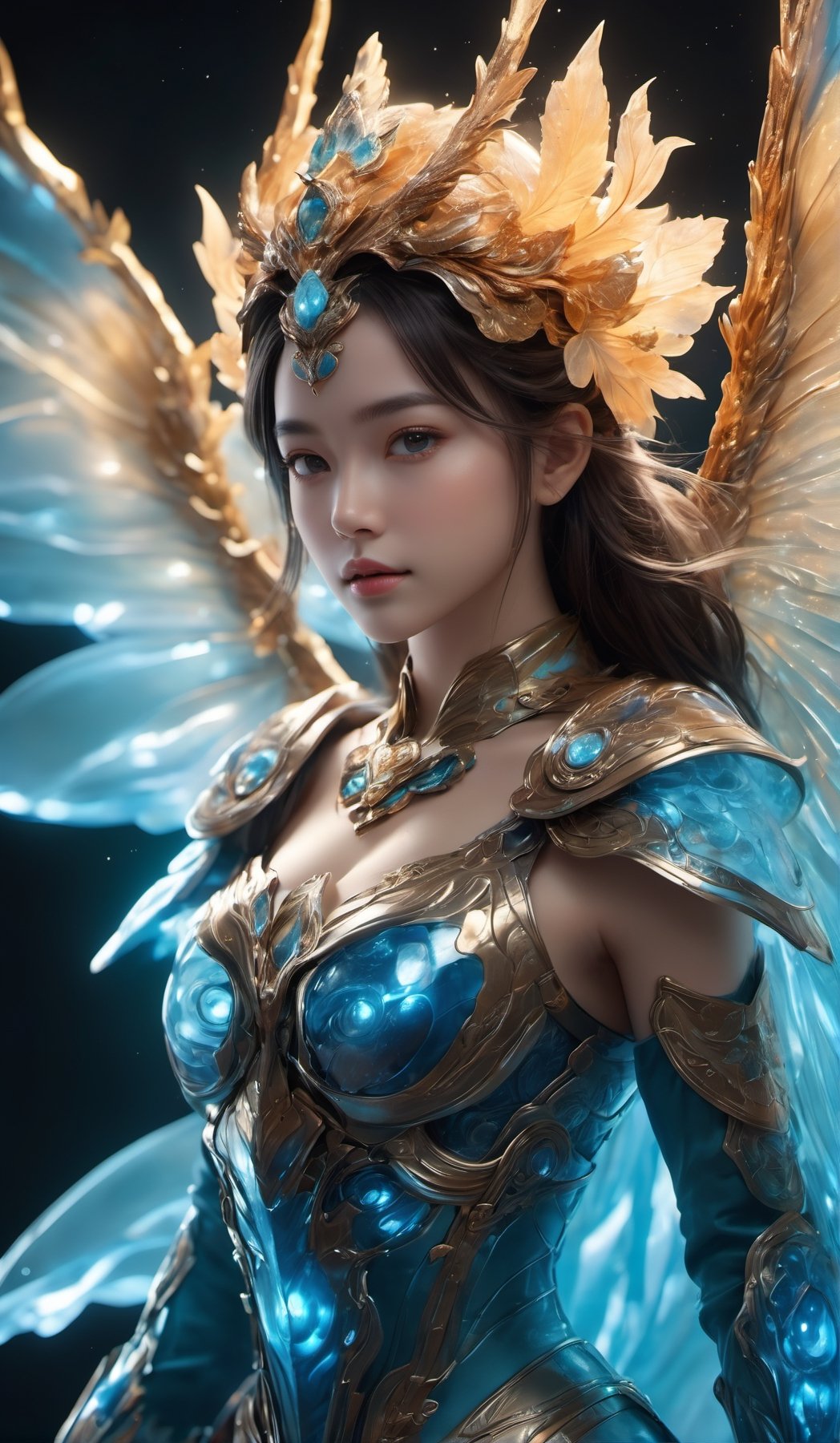 Realistic Photography of beautiful girl. Sky princese (((fighting))). dragon Wings, (Hovering:1.3), (levitate:1.3). Energy glowing behind. (Full color Blooms, abstract). a perfectly detailed, realistic face, ((Amber glowing eyes:1.5)). Float: 1.5, luminous energy force field. (perfact body). Frozen Aquamarine body, nature, subsurface scattering, translucent skin, Bioluminescent transparent glass squma, china style, cold color, bright, volume light, transparent scales helmet, photo realistic fantasy art character amazing, (full body:1.4), octane display, intricately detailed, trending on art station, Hyperrealistic, hand painted, high definition, glass, behance contest winner, ultra high definition, 8k, unreal engine 5 , ultra sharp focus, intricate artwork, epic , vibrant, ((depth of field:1.5)), Movie Still, Film Still, Cinematic, cowboy shot, whole-body shot