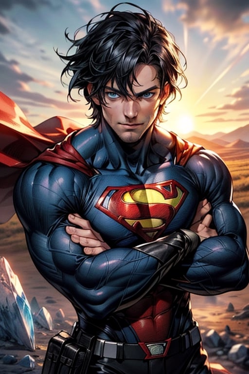  image of superman inspace,arms crossed, with a sun in the background.((masterpiece)),8k uhd,professional photo,(ultra detailed face,detailed eyes,detailed hair),black hair,anatomy,(crystal blue eyes),((cowboy shot))