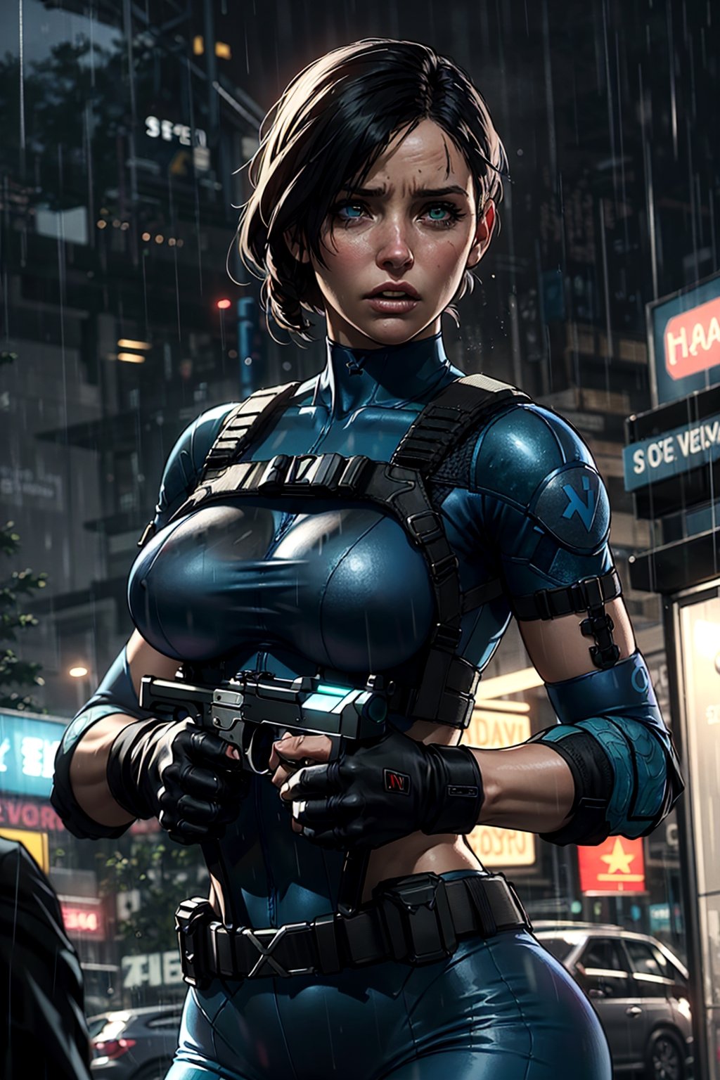 cowboy shot of (((jill valentine))), aiming rifle, resident evil,city background,zombies,(((heavy rain))),(((focused expression)))