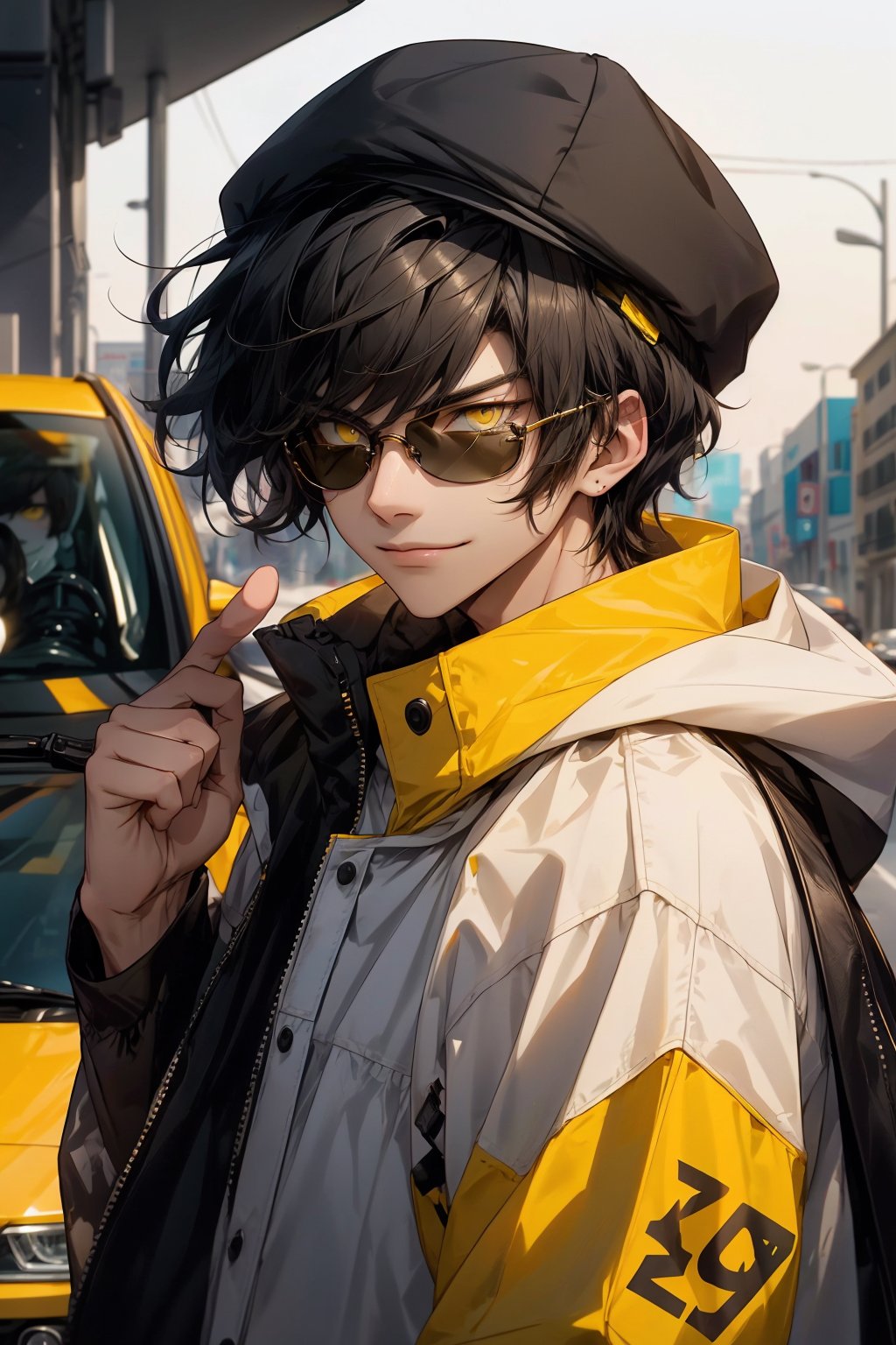 cute boy,19 years old,paper background,black and yellow mixed hair, messed short hair, dark yellow eyes,white tshirt,balck sunglass,smirk on mouth,narrow eyes,standing near his yellow car, wearing white mask and black cap, black coat,waiting for his girl