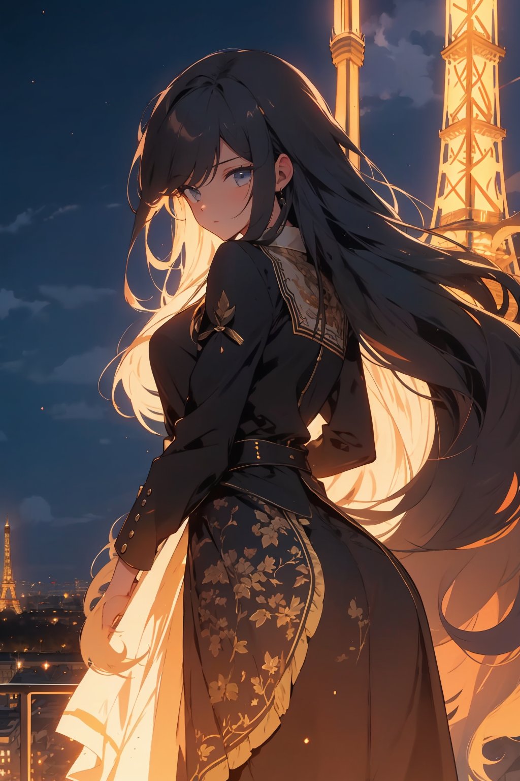 1girl, beautiful, long hair, looking left way, eifel tower in the background, night view, sigh