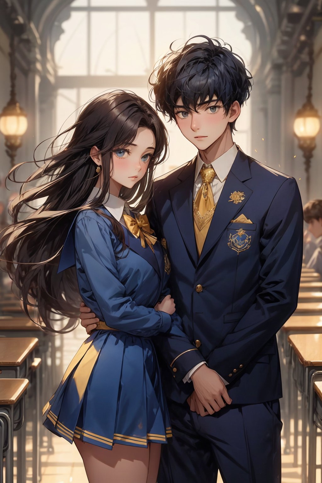 boy and a girl, 2_ characters, school romance, south asian, standing next to each other yet looking away from each other, pov_wish you were mine , both in  two different school uniforms, royal blue and gold, looking_at_viewer