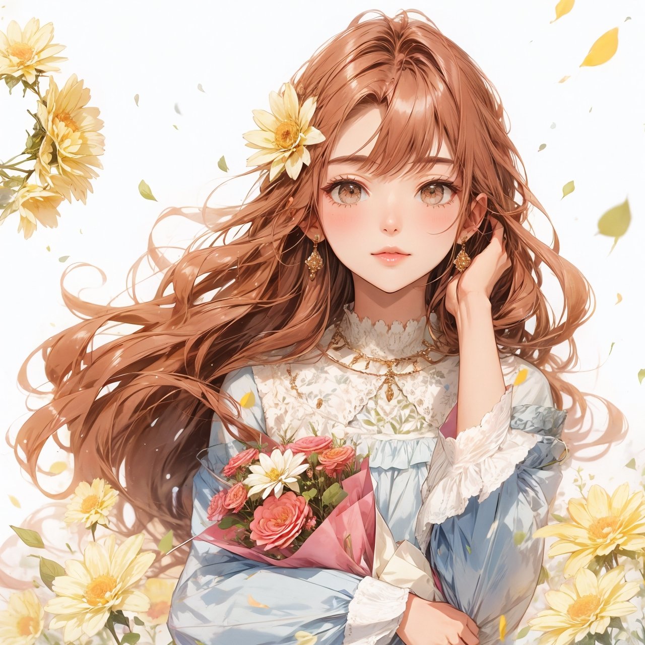 a girl holding a flower bouquet