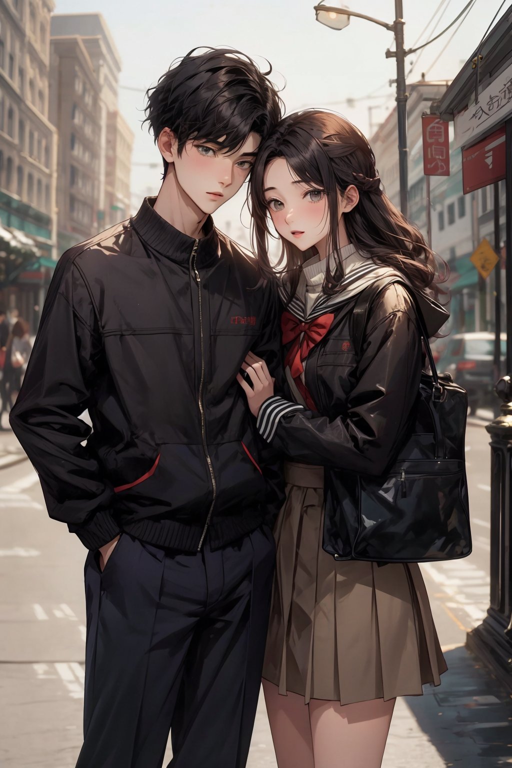 boy and a girl, 2_ characters, school romance, asian, age 17, standing close